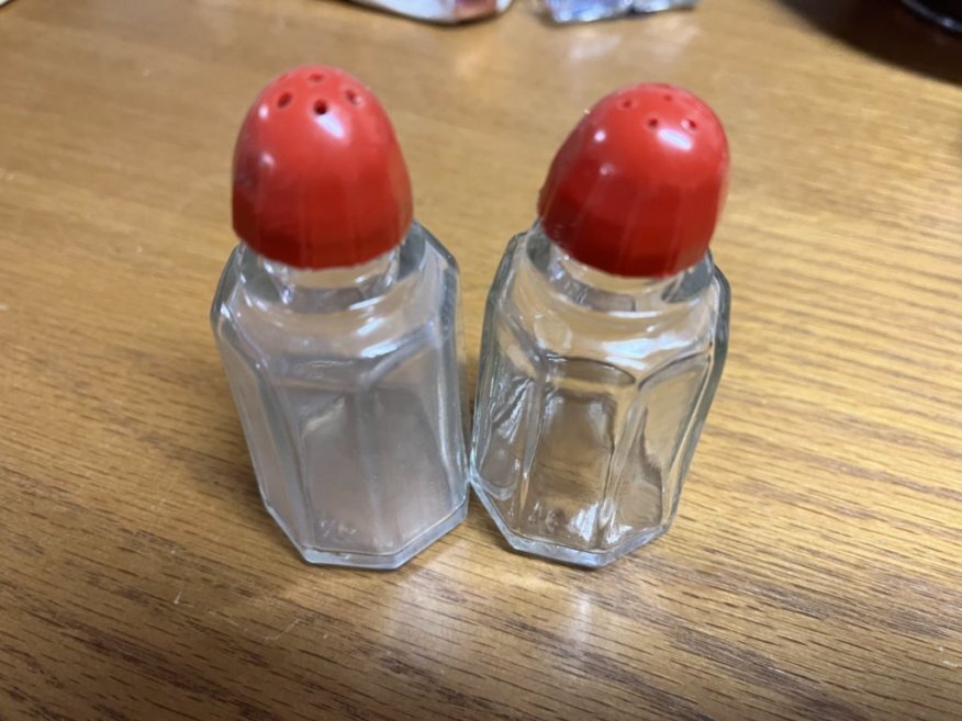 Vintage Clear Glass Retro Salt & Pepper Shakers with Red Lucite Tops