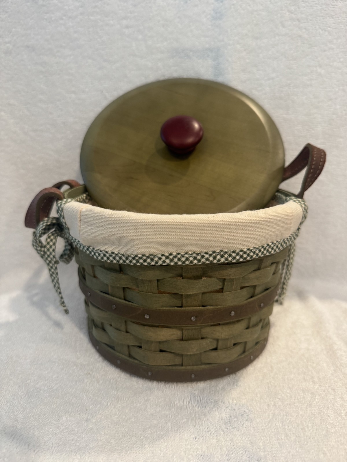 Longaberger 2005 Small Bushel Basket Sage Green Natural Liner w/leather handles