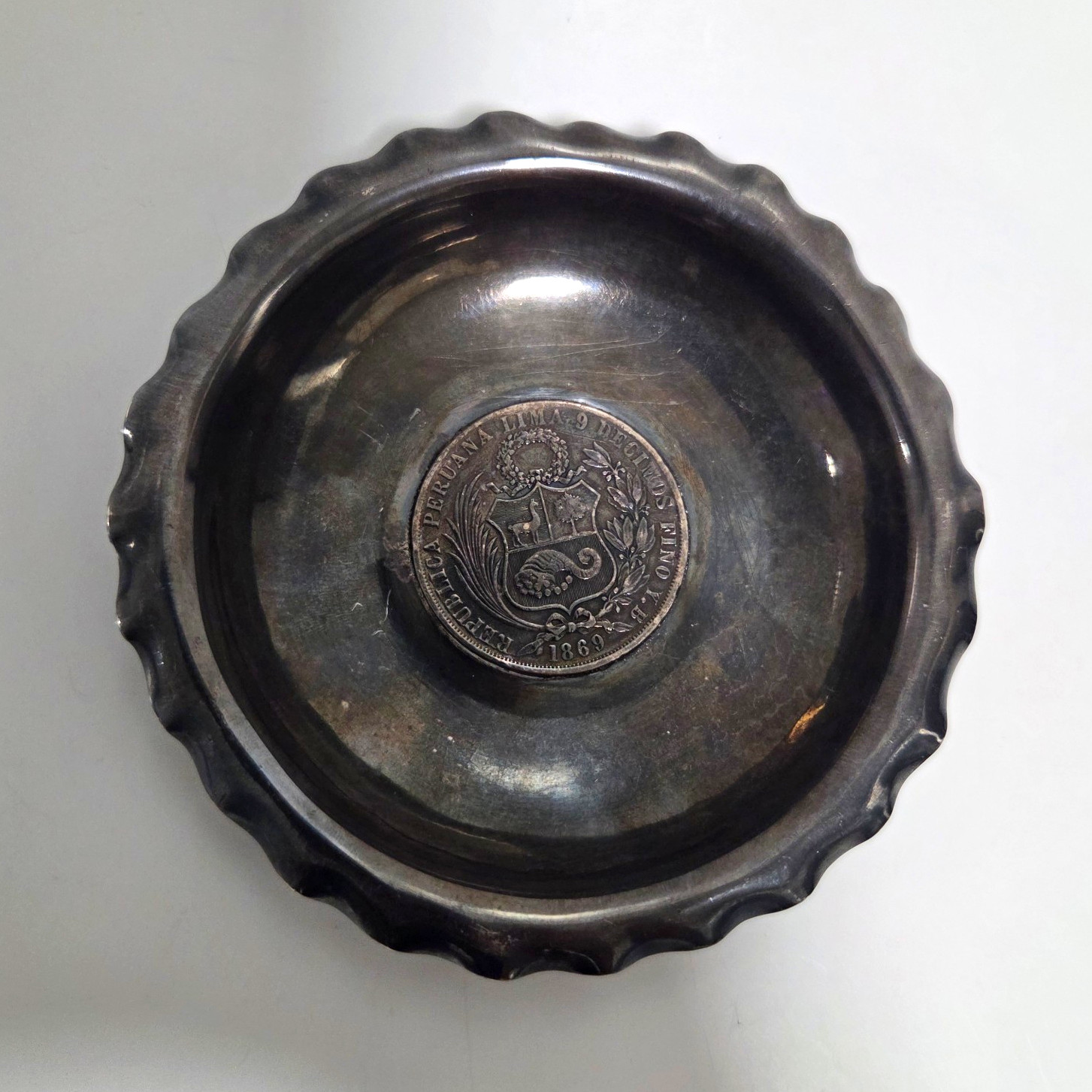 Vintage Peru 925 Sterling Silver Bowl 1869 Un Sol Coin Inset 2.6 Troy Oz