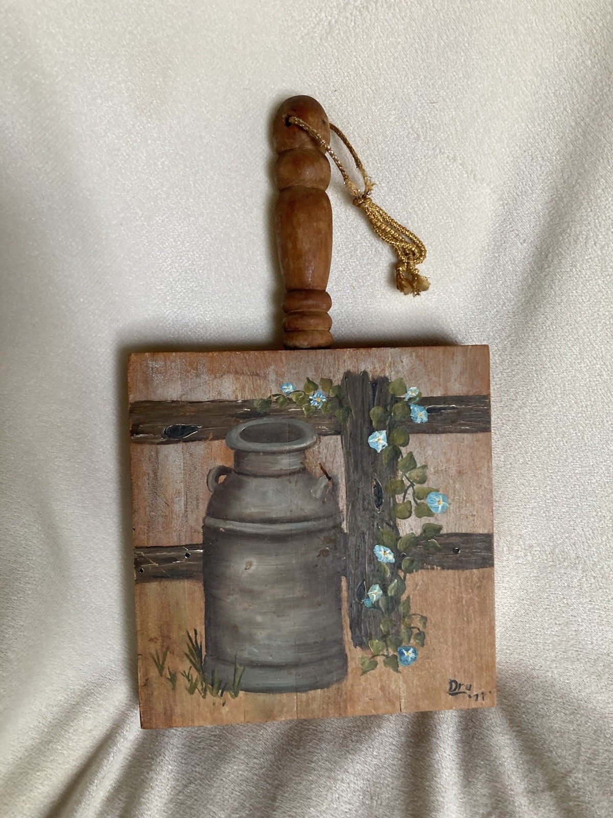 Hand Painted Wooden Trivet With Handle VINTAGE 1977 Footed
