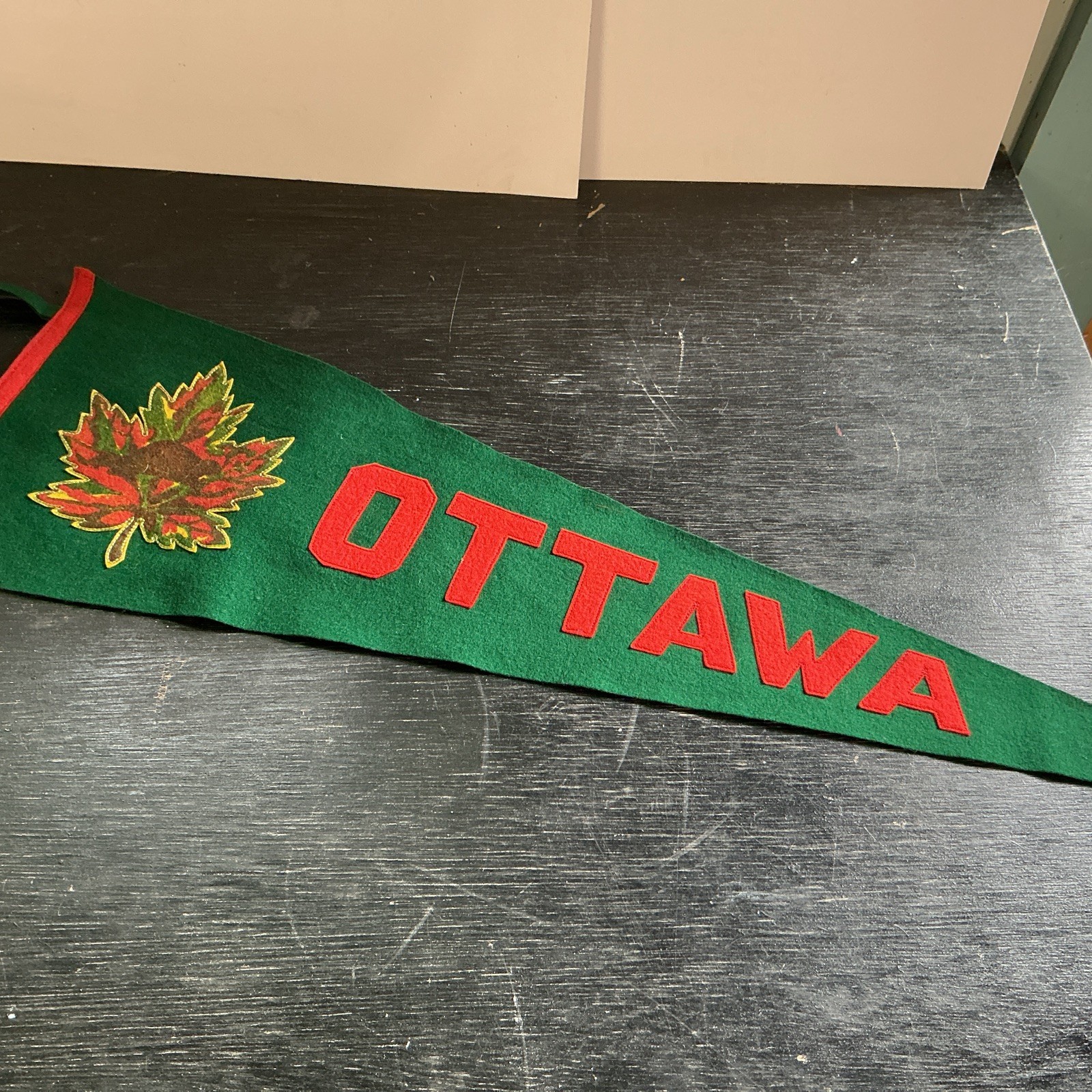Vintage OTTAWA Pennant Banner Green Felt Red Lettering Multicolor Leaf 24.5”
