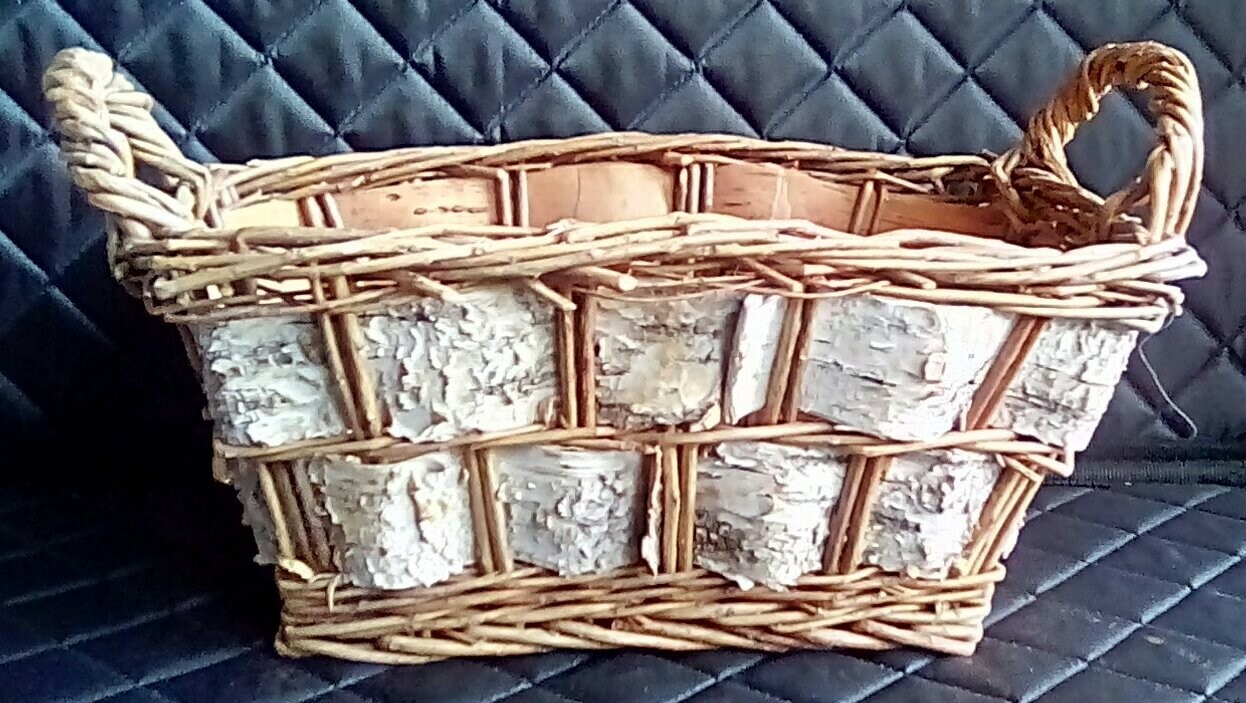 Woven Rustic Birch Bark Basket With Handles, 12