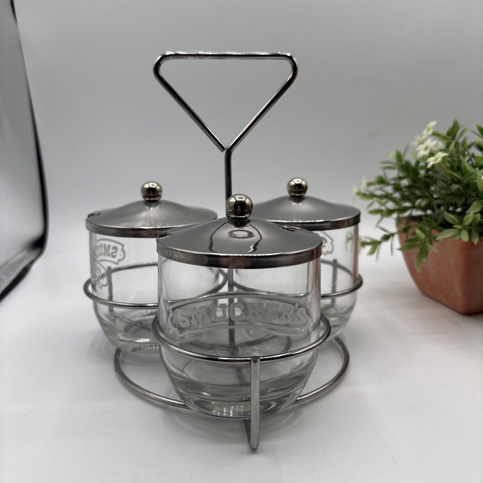 VTG Smucker\'s Jelly/JAM/MUSTARD Glass Serving Chrome Caddy w/ 3 Jars &LID Preown