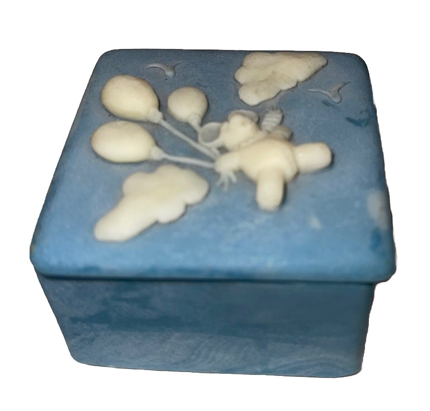 Vintage  Fun Trinket Jewelry Box Incolay Square Teddy Bear Balloons Blue #2 