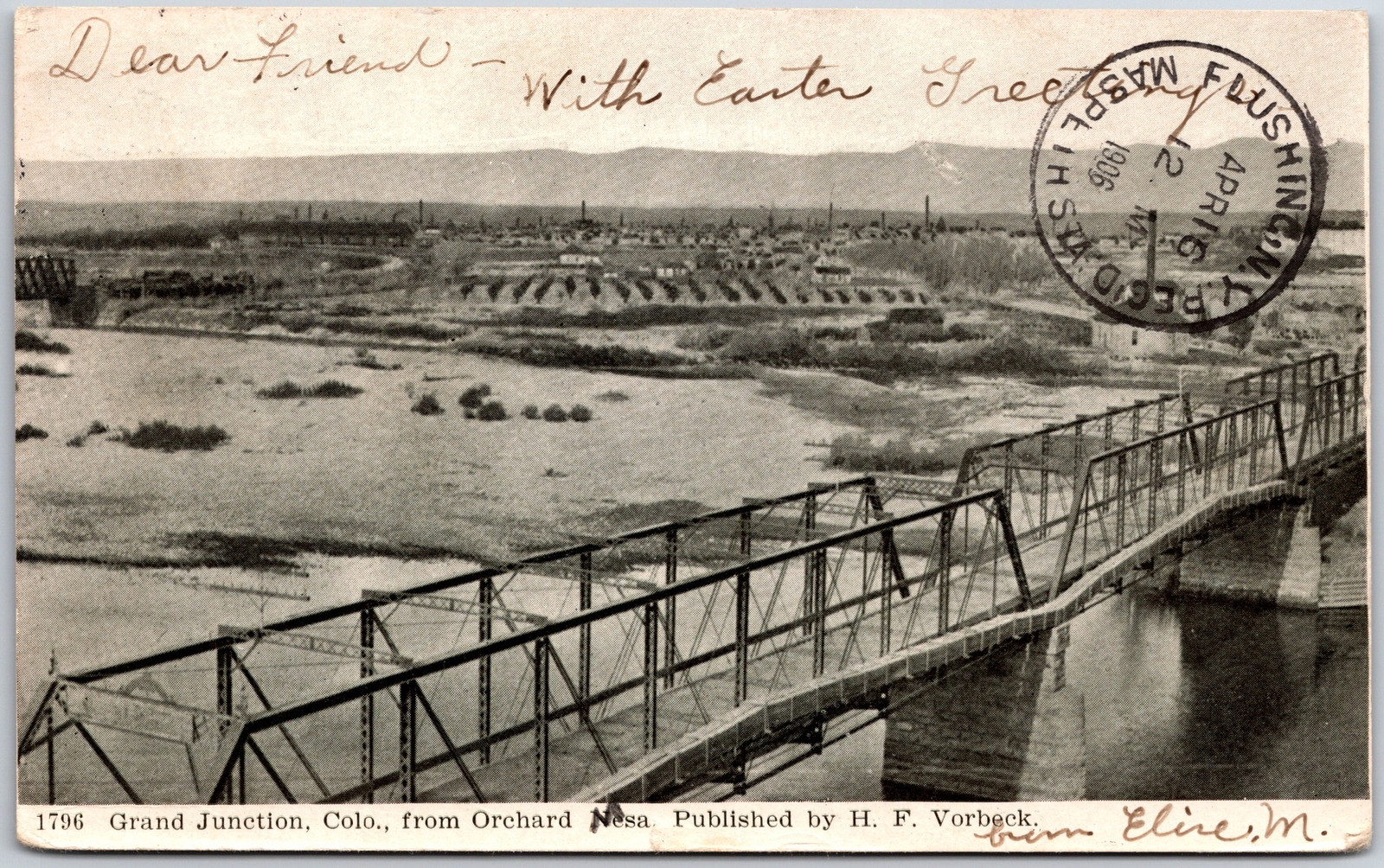 1906 Grand Junction Colorado From Orchard Nesa Bridge & Mountain Posted Postcard