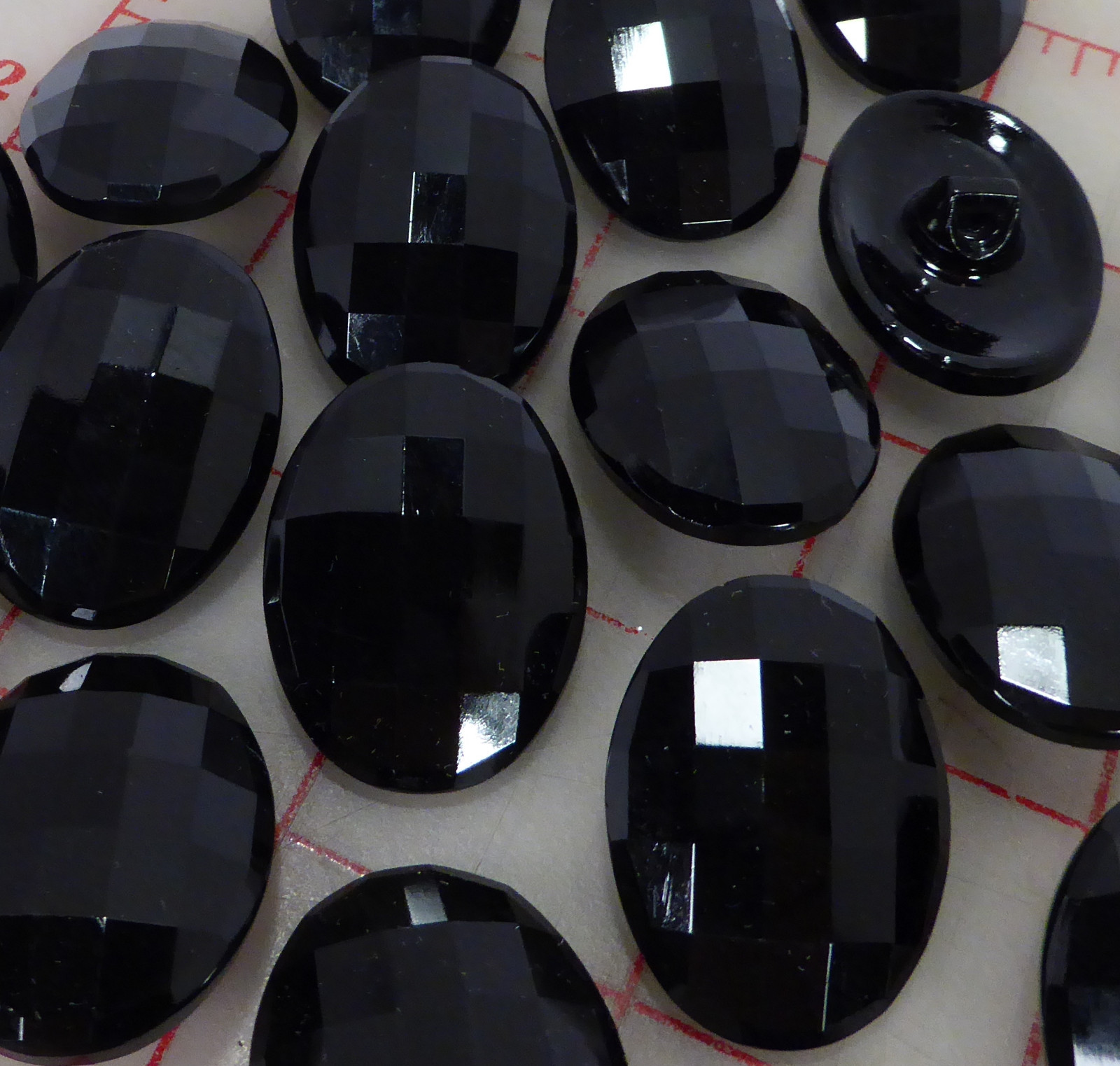 15 large black oval faceted Czech glass shank buttons 31mm x 23mm 1.25\