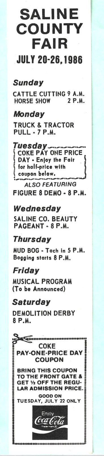 1986 July 20-26 COCA-COLA SALINE County Illinois COUNTY FAIR SCHEDULE