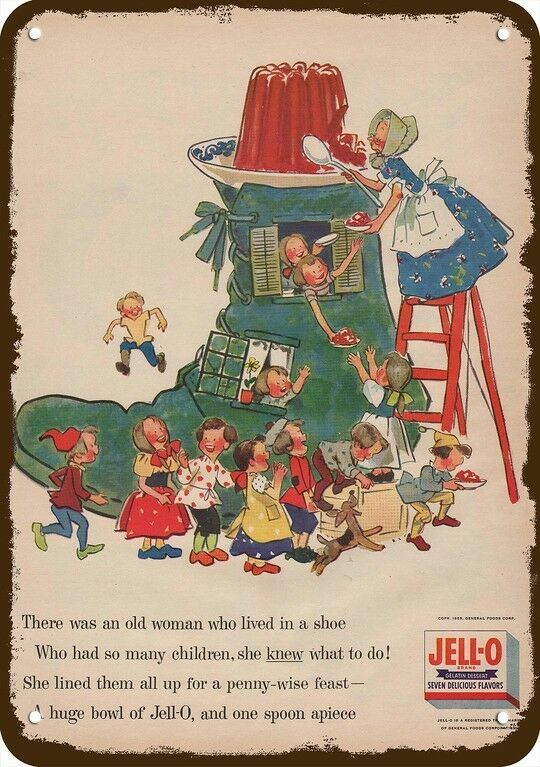 1955 Old Woman in Shoe Loves JELLO Vintage-Look DECORATIVE REPLICA METAL SIGN