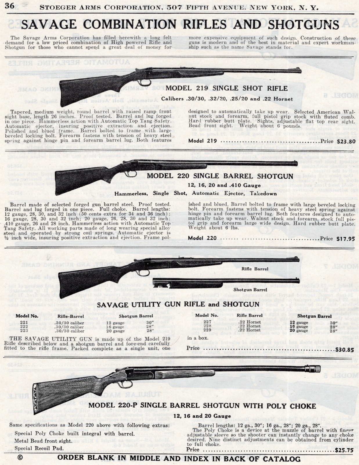 1947 Print Ad of Savage Model 219 Rifle 220 220P Shotgun & 221 227 Utility Gun