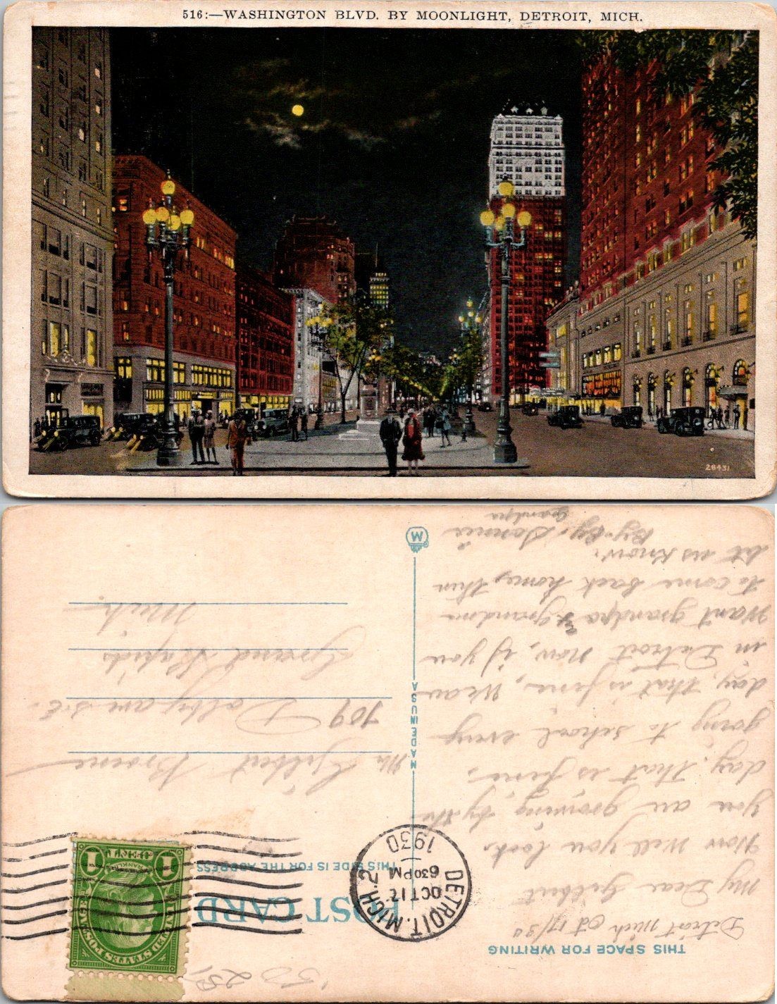 Vintage Postcard Washington Blvd By Moonlight Detroit 1930 Divided Back Color