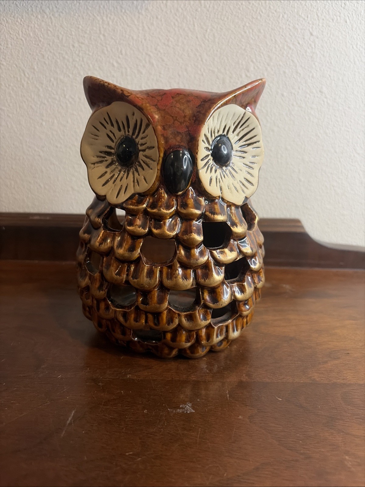 Rustic Glazed Ceramic Owl Tea Light Candle Holder 7” Tall X 5” Wide