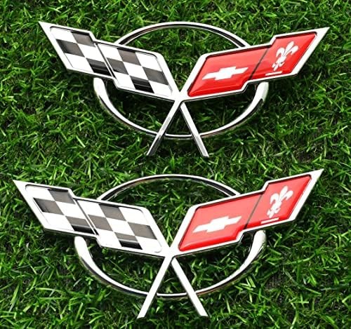 Pair Set 1997-2004 Corvette C5 Front Nose Emblem and Rear Deck Lid 3D Crossed Fl