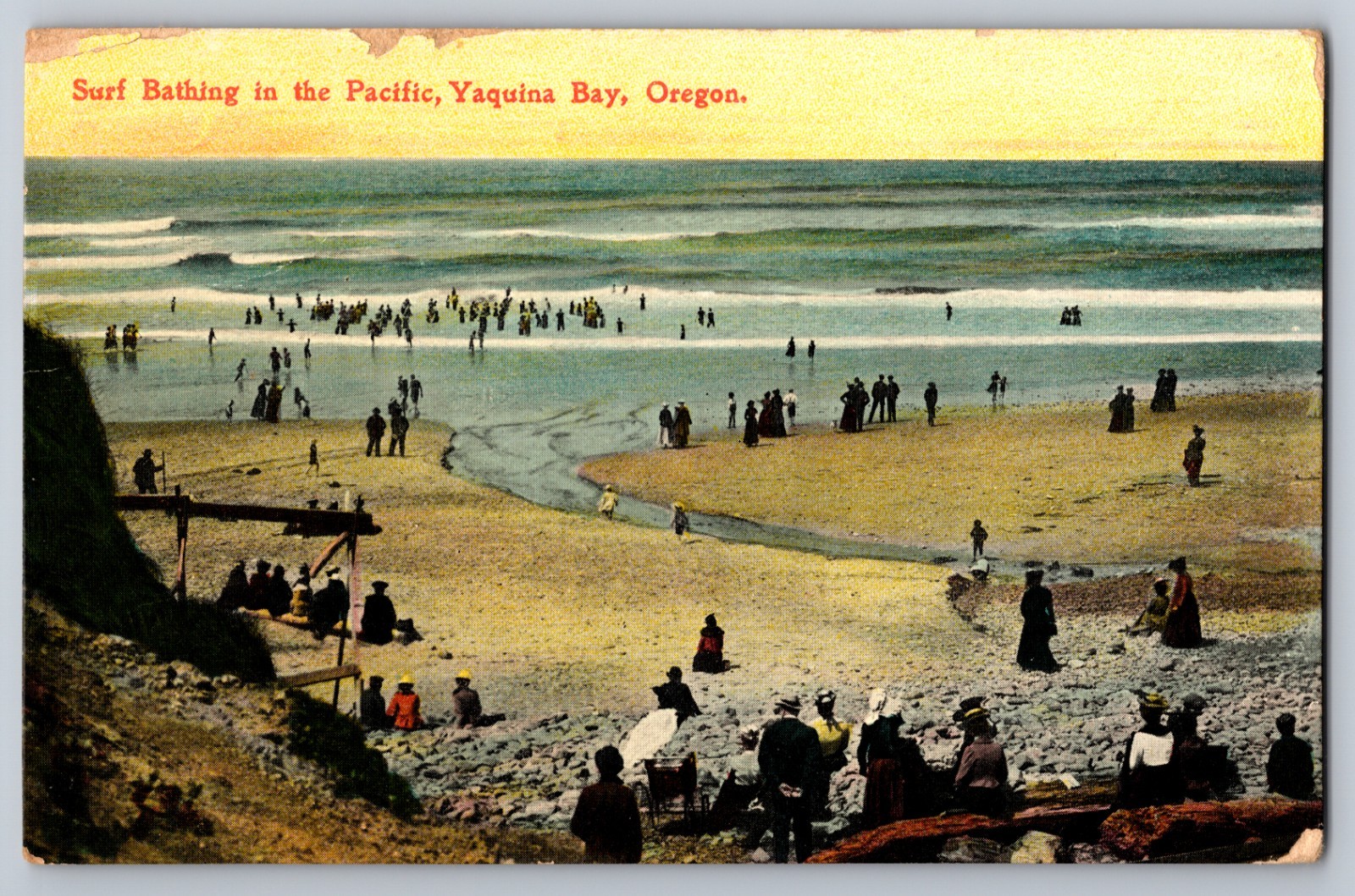 Yaquina Bay Oregon OR Beach Scene Surf Bathing In Pacific Posted 1909 Postcard