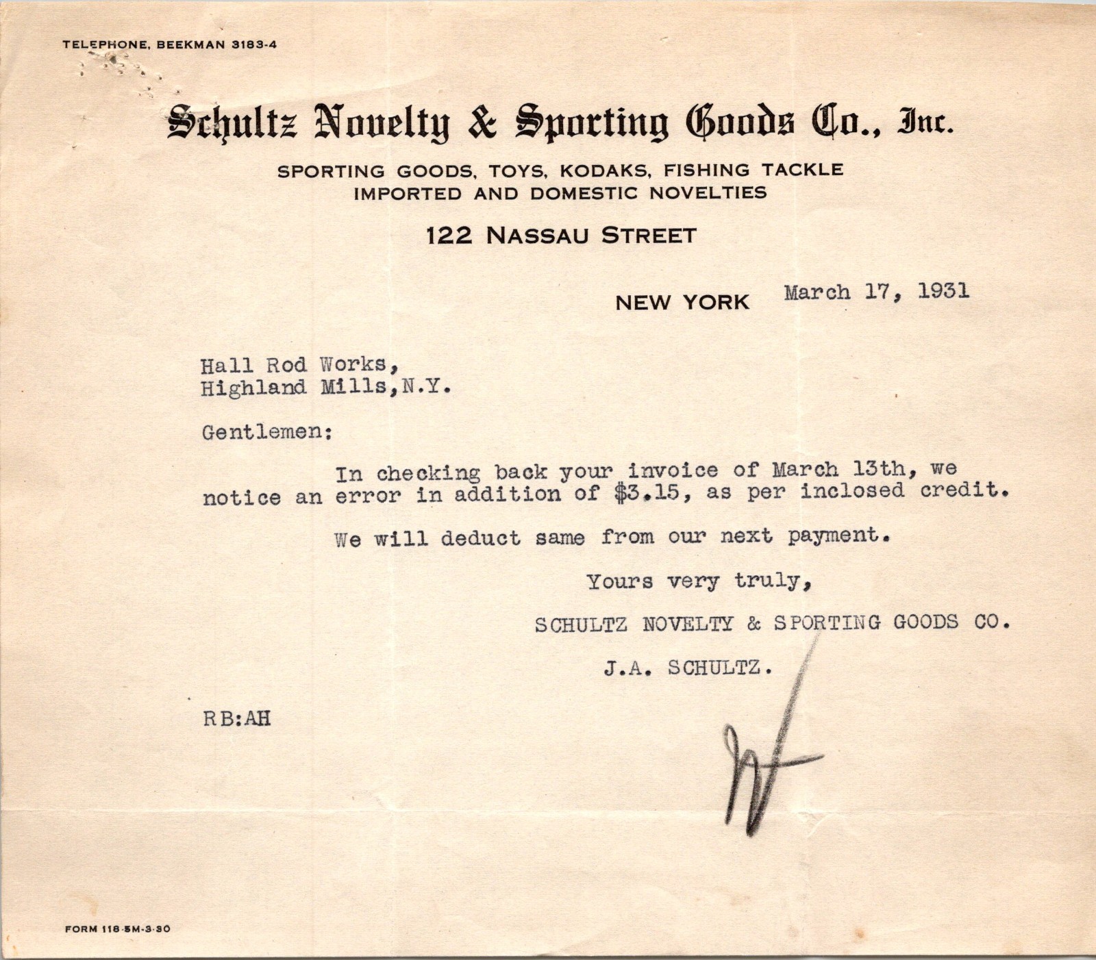 Schultz Novelty & Sporting Goods Co Inc 1931 NY Antique Letterhead Billhead TC24