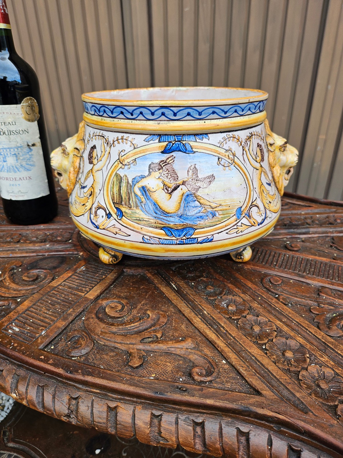 Antique 19thC French Nevers Faience Majolica Jardiniere Cachepot Lion Handles