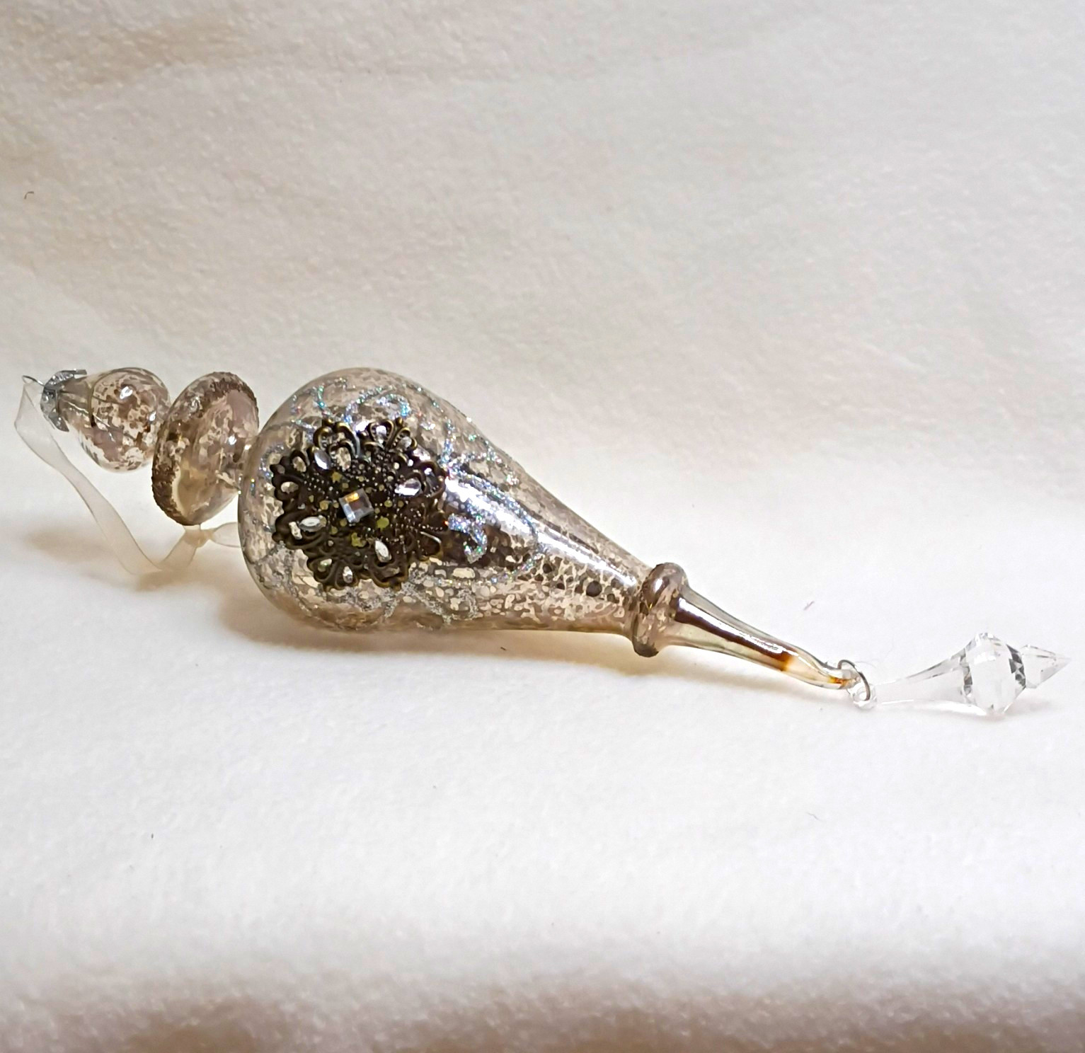 Jeweled Mercury Glass Finial Christmas Ornament Silver Rhinestone Victorian 9.5 Jeweled Mercury Glass Finial Christmas Ornament Silver Rhinestone Victorian 9.5