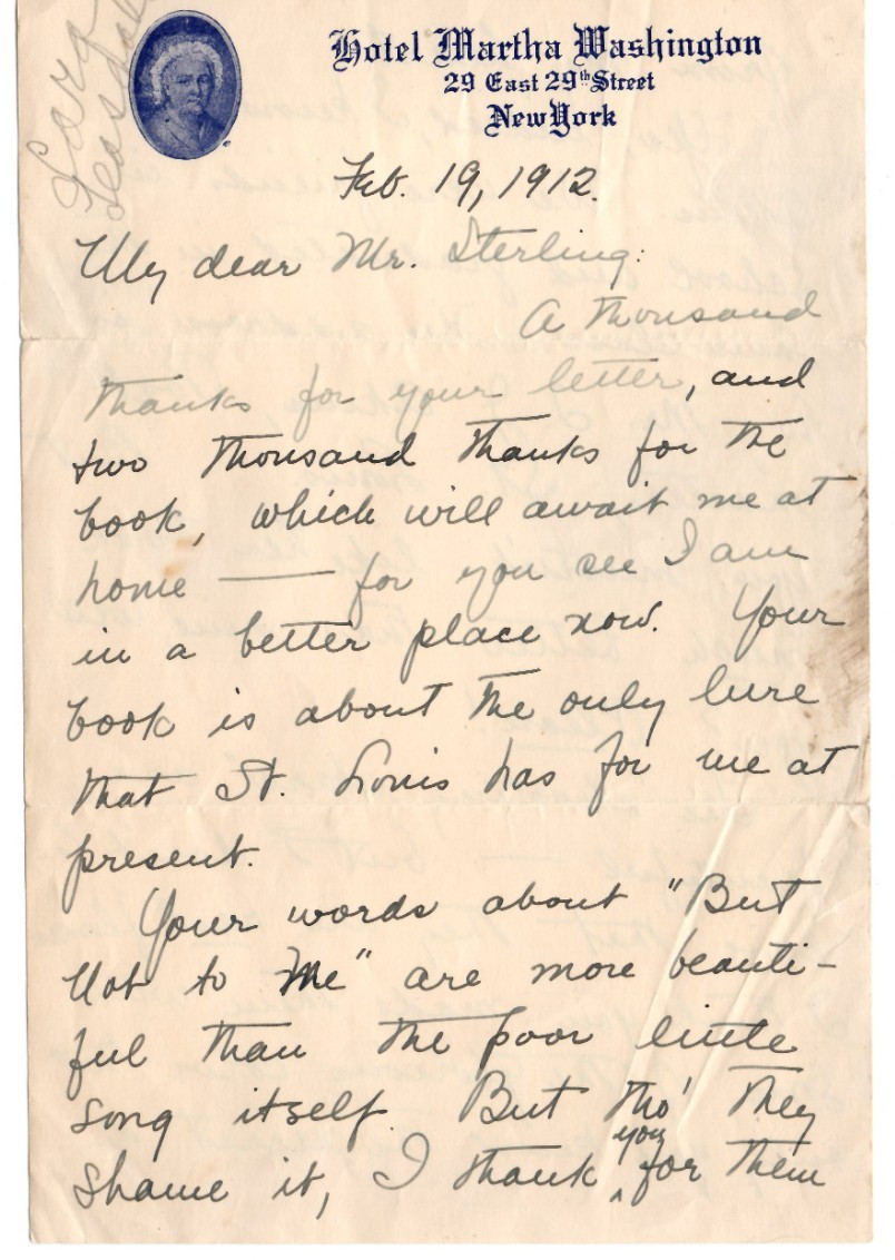 Sara Teasdale UNsigned Partial Letter 1912 to George Sterling / Autograph Poet