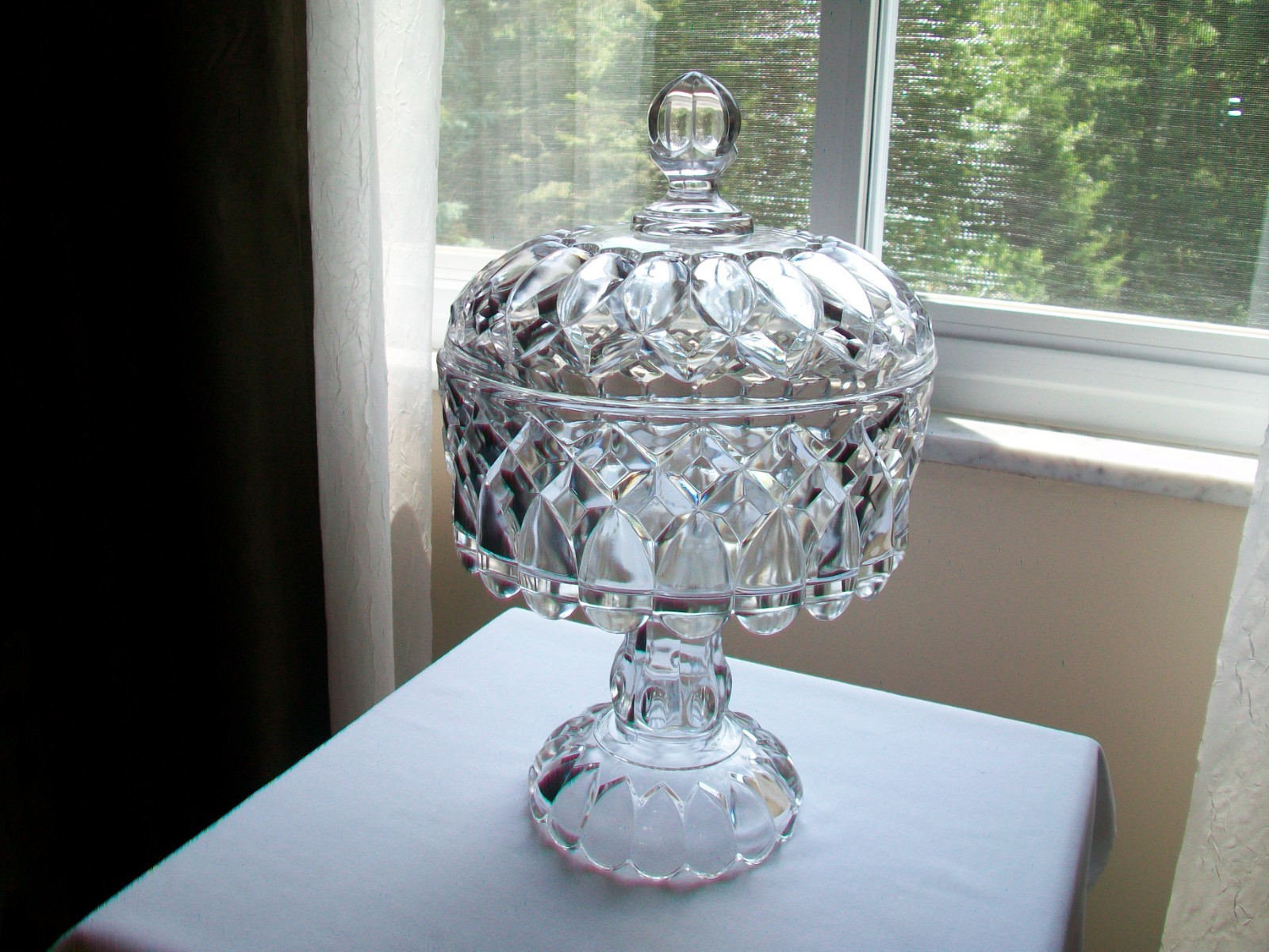 ANTIQUE EAPG U.S. GLASS TEARDROP COMPOTE & LID DIAMOND OVAL 12 1/2