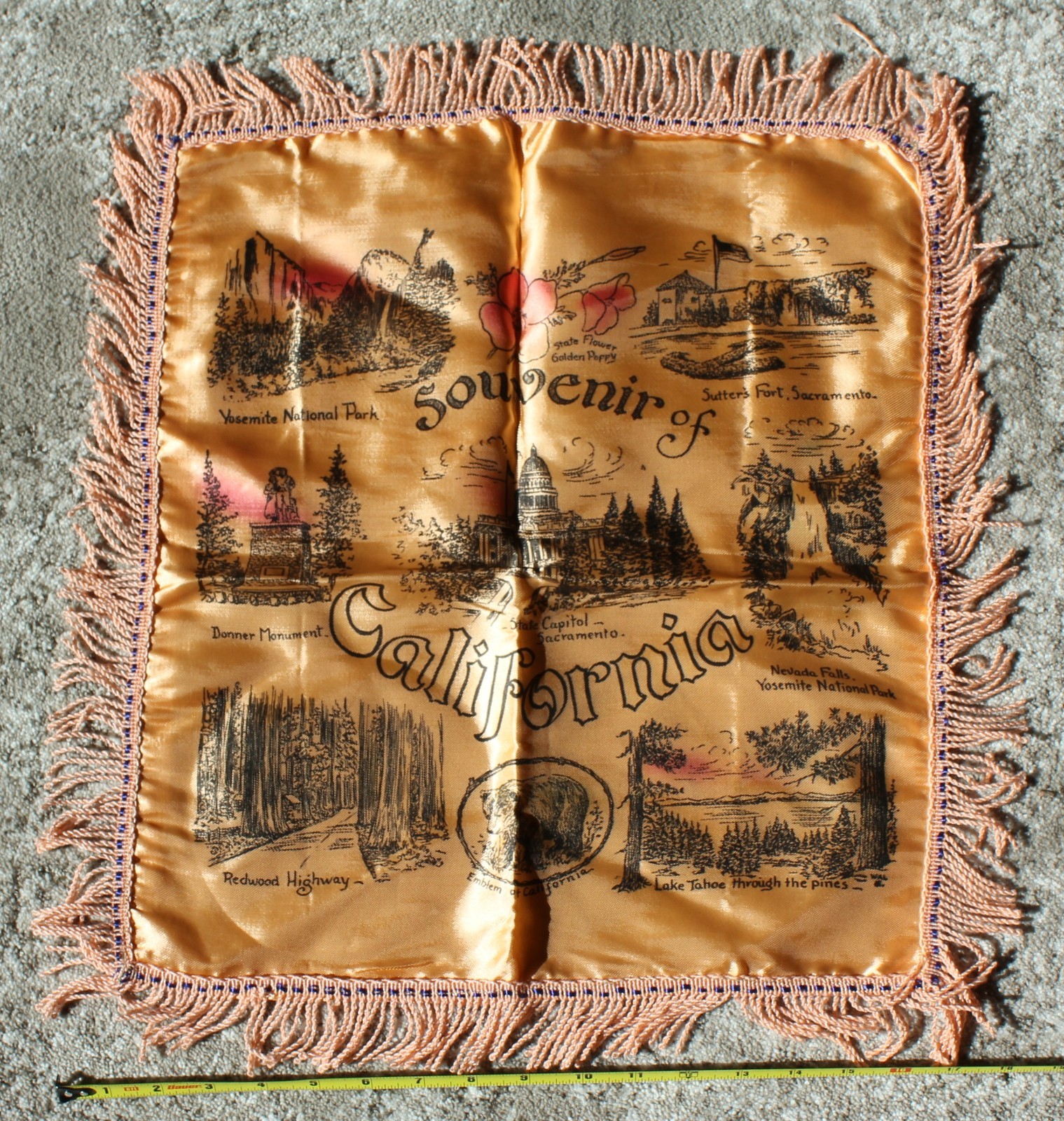 Vintage 1940s, Souvenir Of California, Silk Souvenir Pillow Case Sham WWII circa
