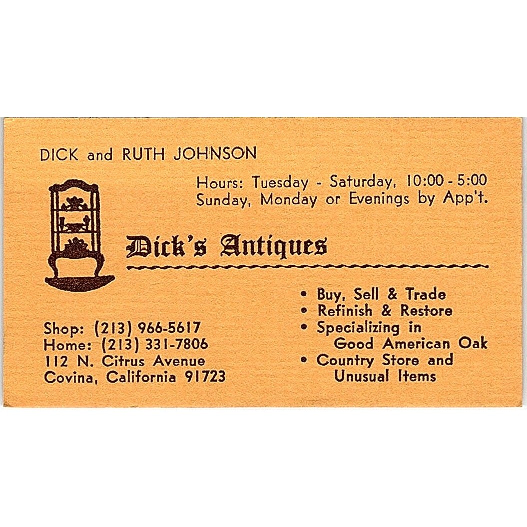 Dick\'s Antiques Dick & Ruth Johnson Covina CA Vintage Business Card SE3-B16