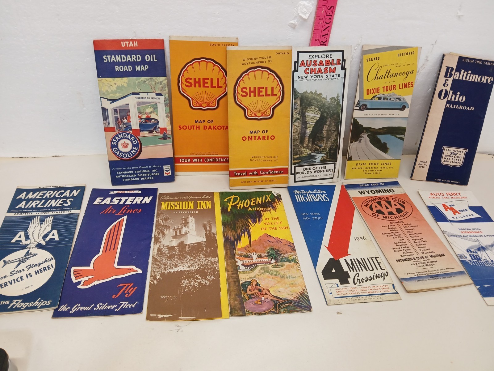 1940s Travel Ephemera Lot Maps Timetables Shell AAA Railroad Airlines Brochures