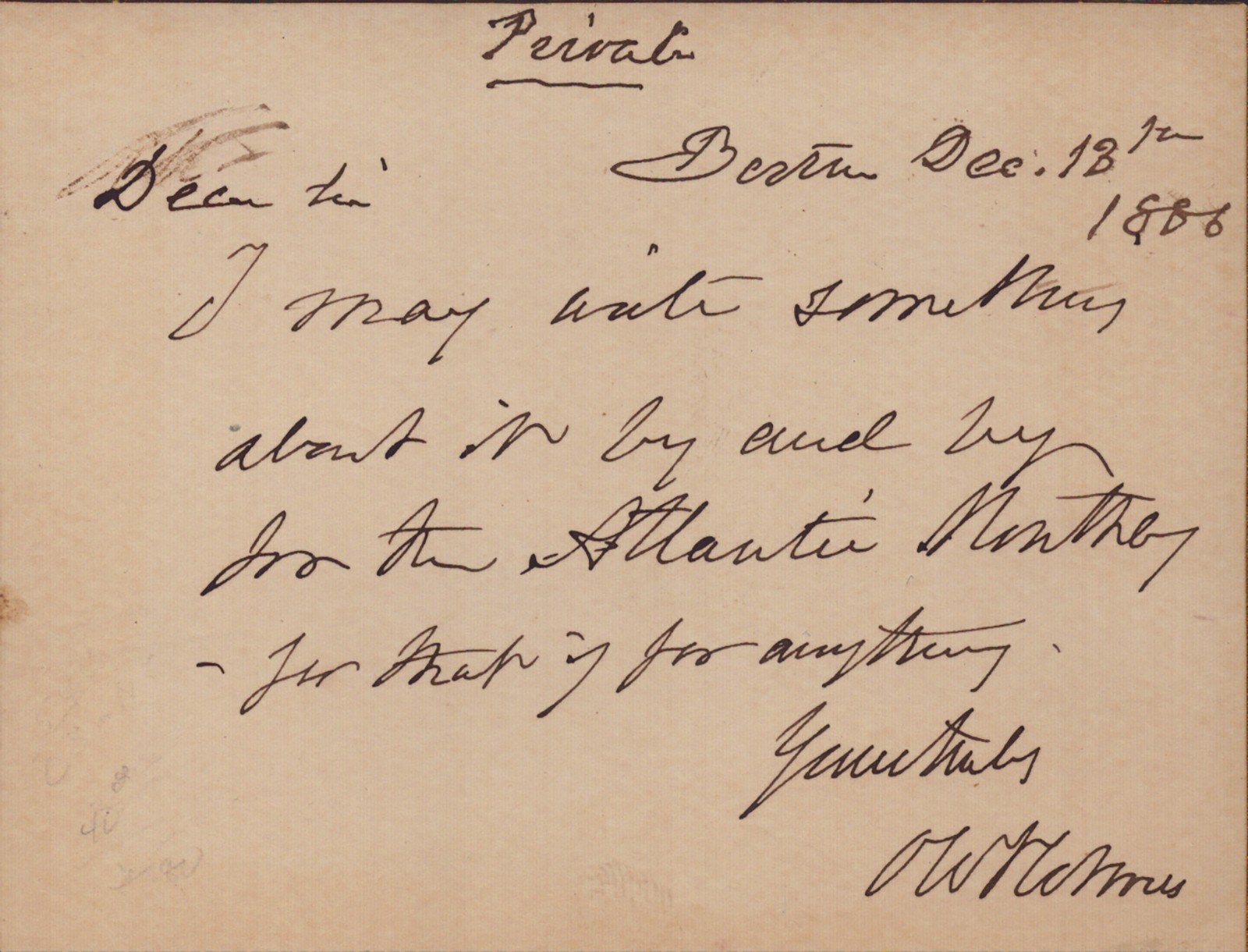 OLIVER WENDELL HOLMES SR. - AUTOGRAPH LETTER SIGNED 12/13/1886