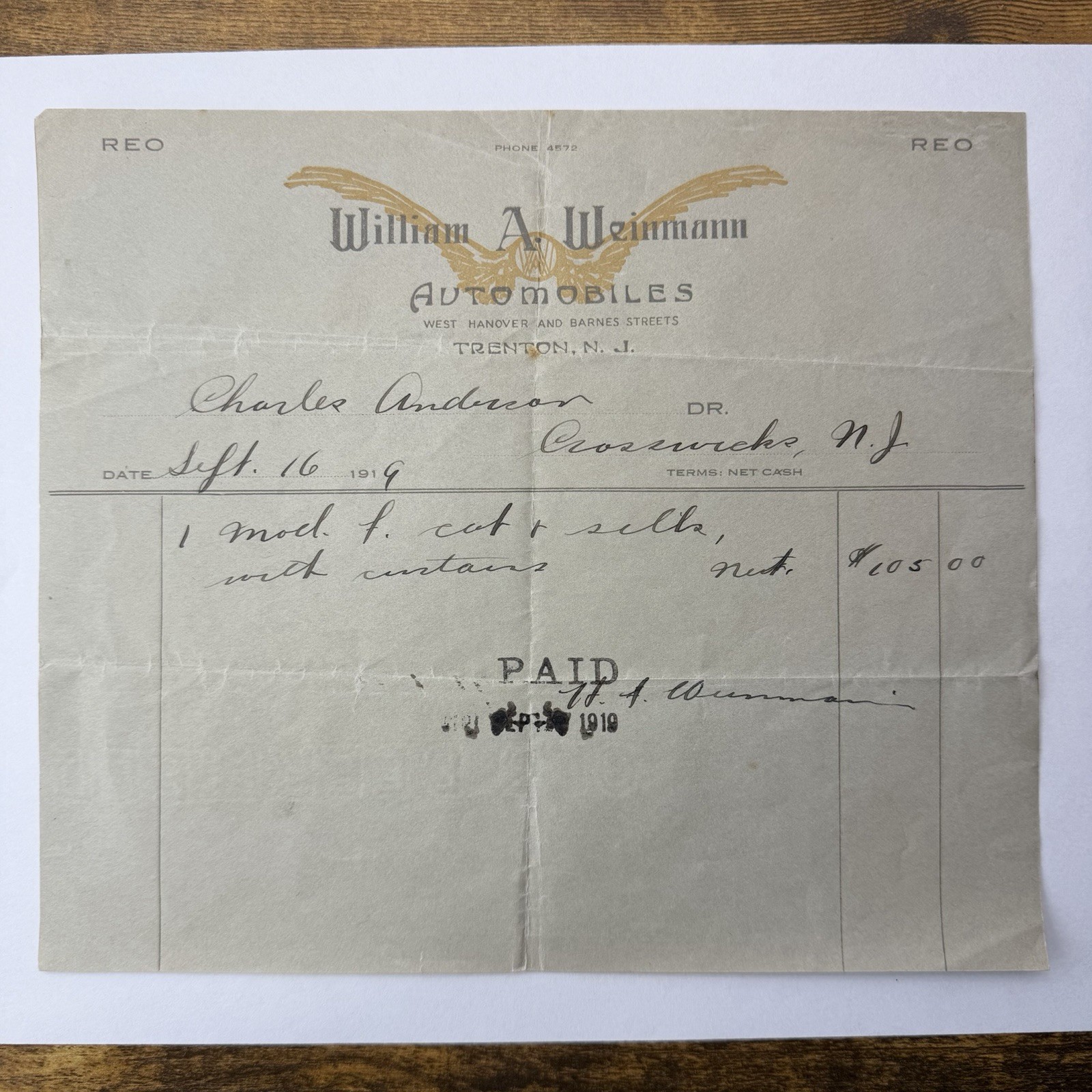 1919 William A. Weinmann Automobiles Trenton NJ Receipt REO Motor Car Ephemera