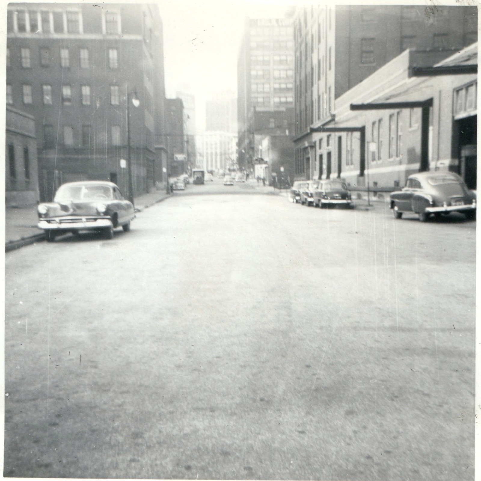 c1950s Detroit MI Parked Vintage Cars Street View Snapshot Photo Urban Buildings