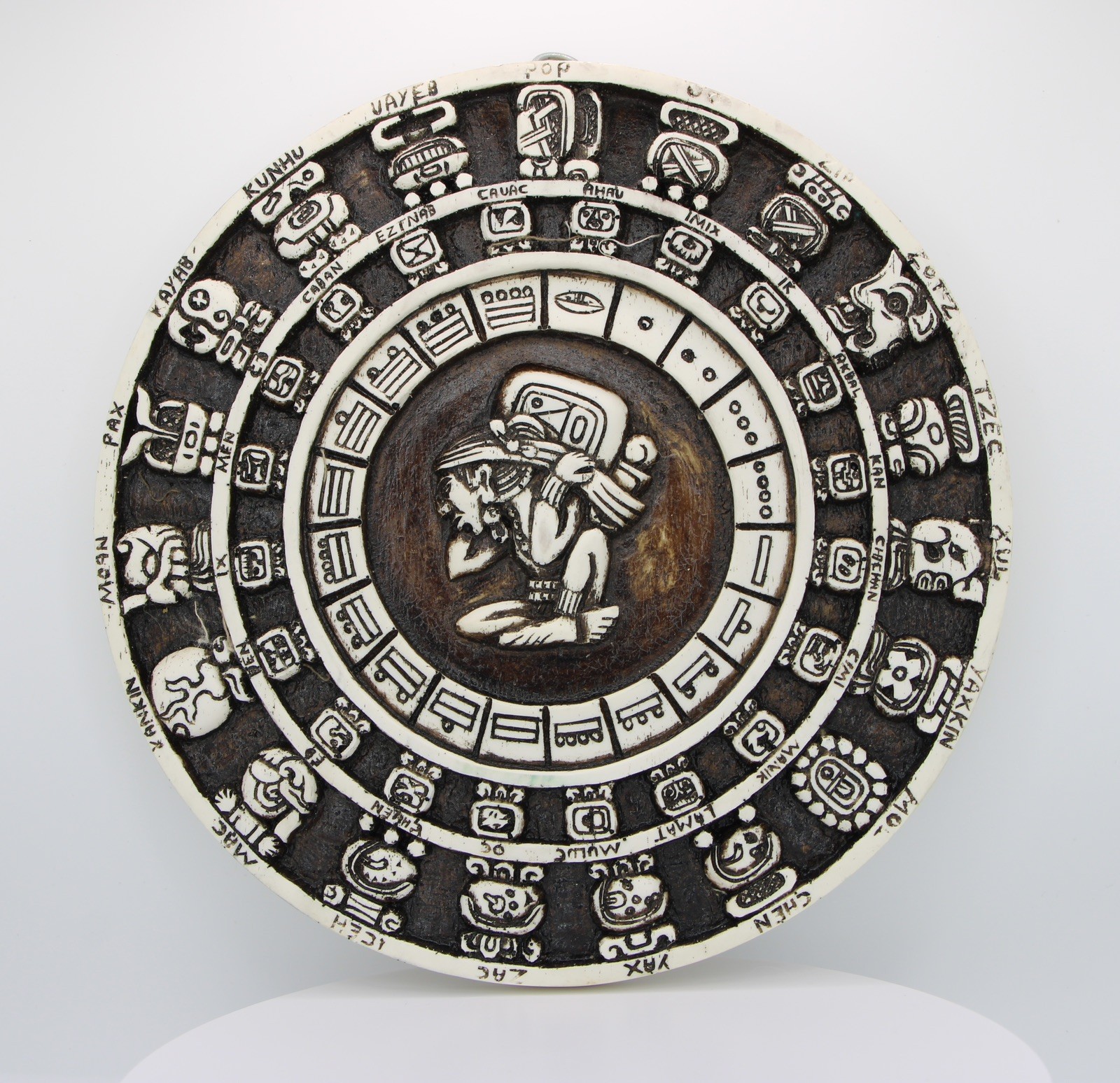 Vintage Aztec Calendar Style Ceramic Wall Plaque – Mesoamerican Design – 6”