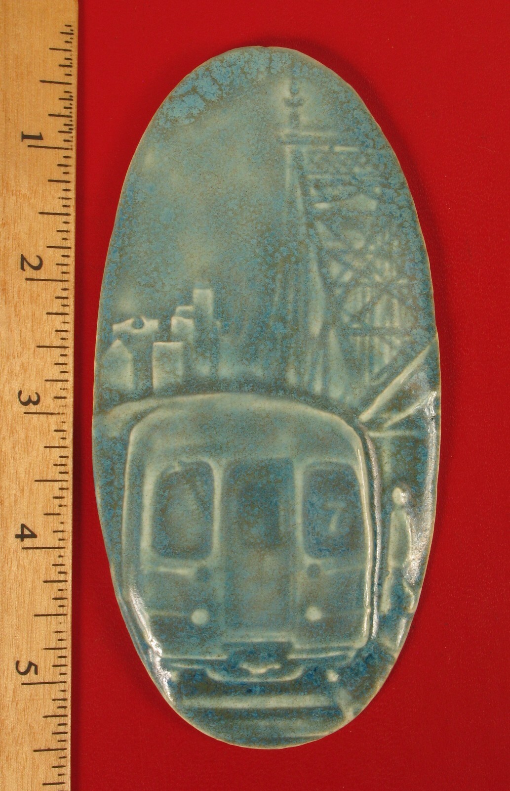 2012 DENISE DELONG SIGNED CERAMIC TILE CHRISTMAS ORNAMENT TRAIN SUBWAY BRIDGE 