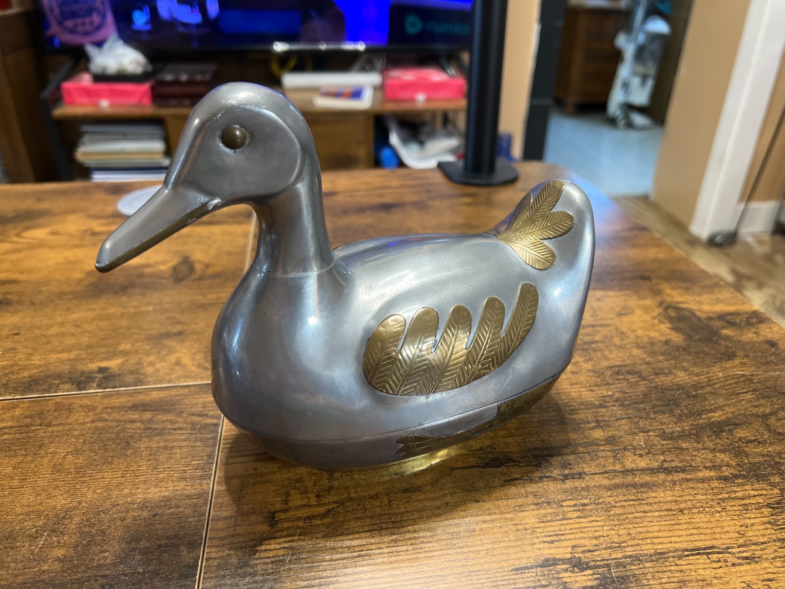 VTG Mid-Century Pewter & Brass Lidded Duck Trinket or Jewelry Dish VG Cond.
