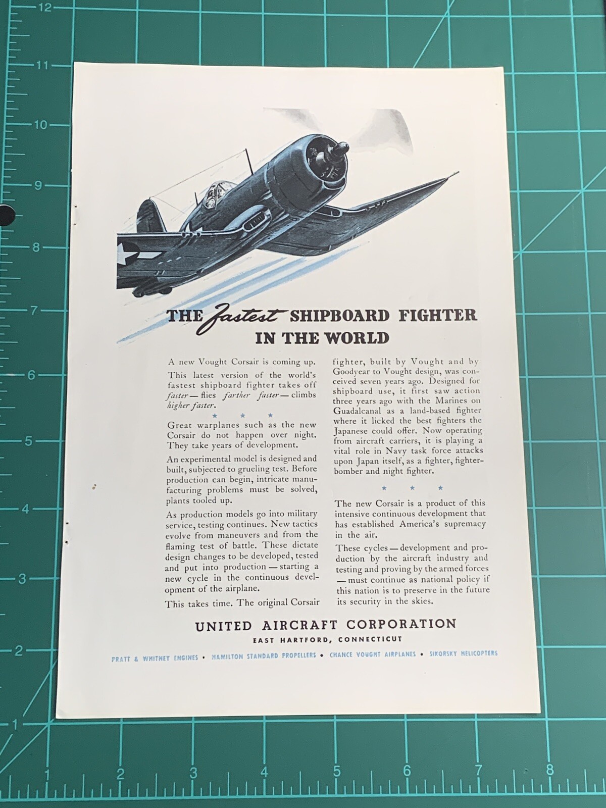 1945 PRINT AD VOUGHT CORSAIR FASTEST SHIPBOARD FIGHTER PLANE UNITED AIRCRAFT