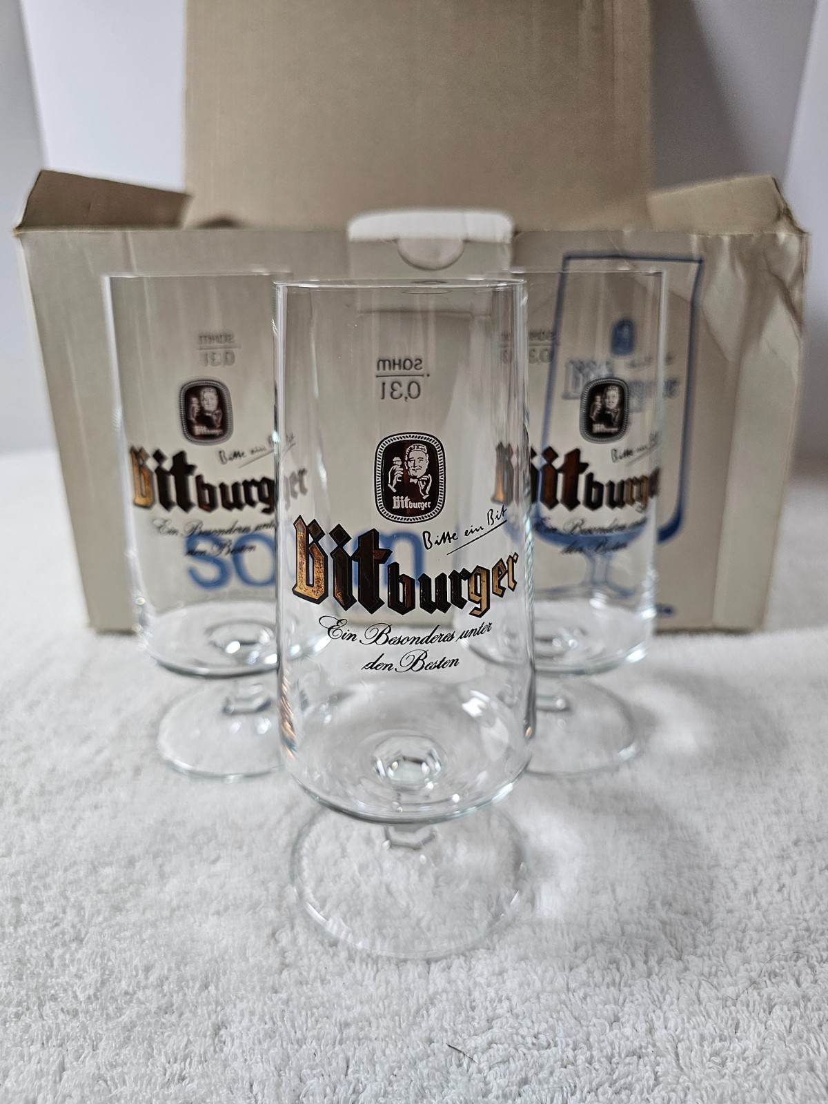 Vintage 1997 Bitburger German Beer Glasses Sahm Exclusiv Pokal NOS New Boxed
