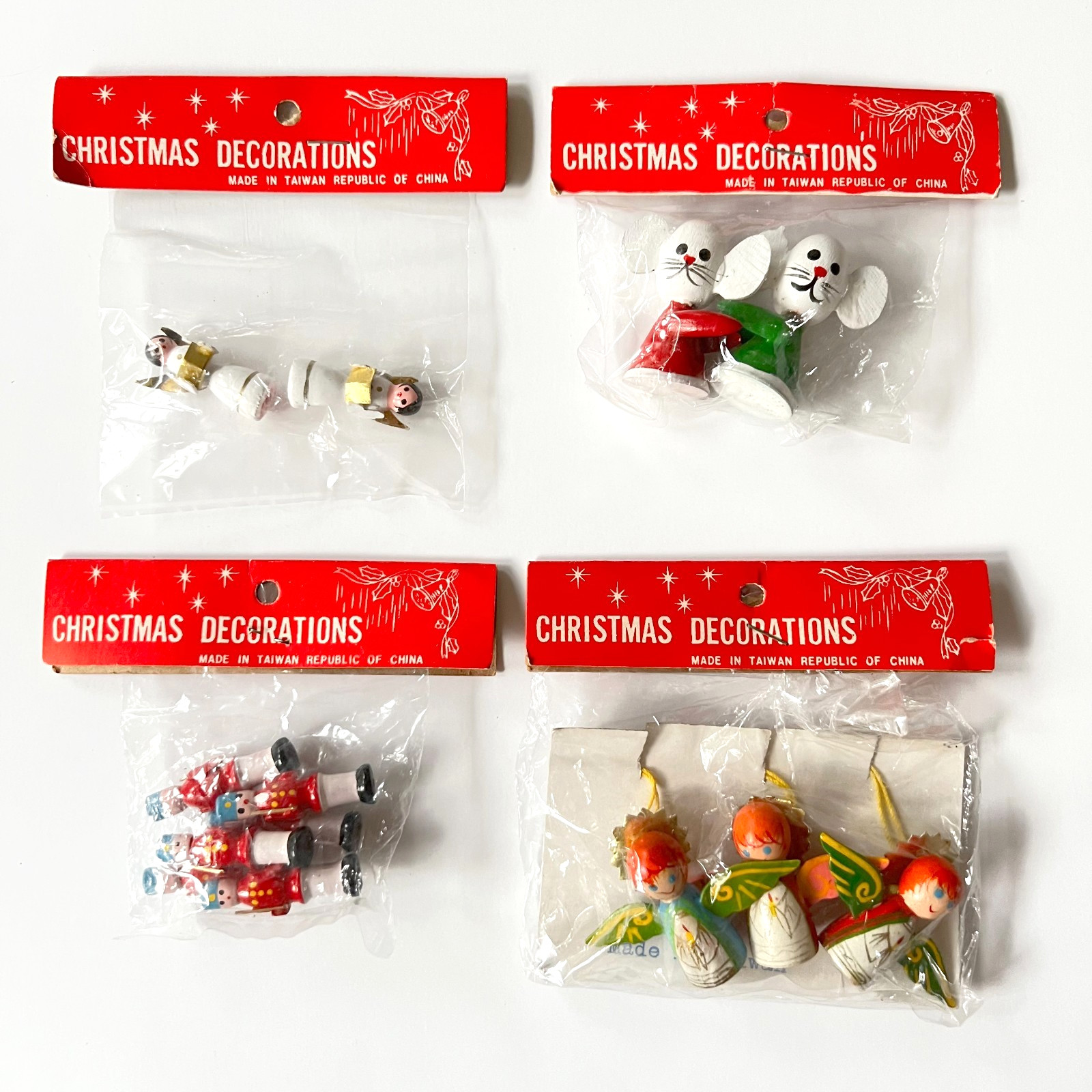 VTG 70s Christmas Ornaments 4 Pkgs NIP Hand Painted Wood Mice Angels Taiwan