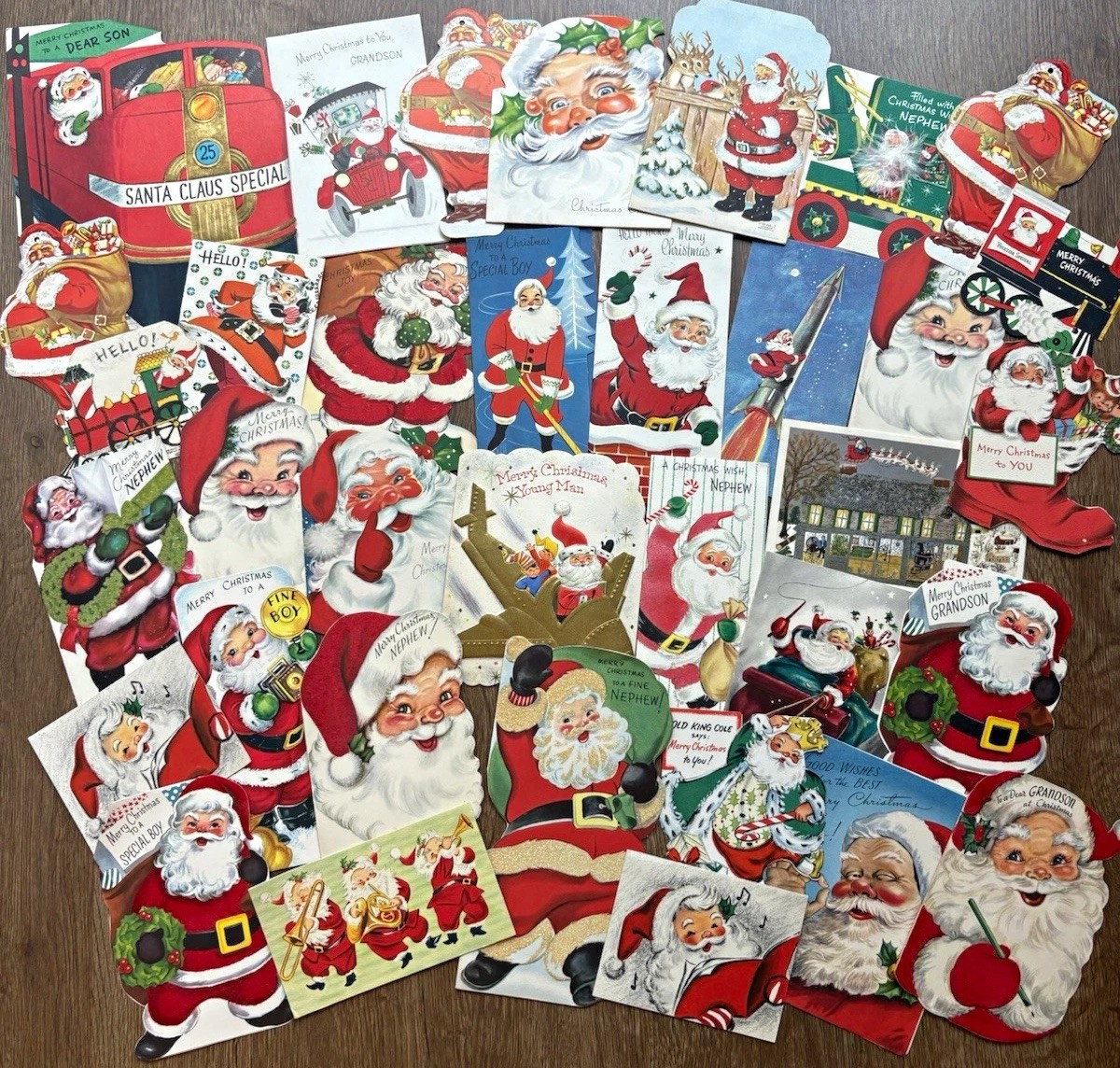 Mid Century Modern Vintage 50s 60s USED Christmas SANTA Cards LOT OF 35 Die Cut