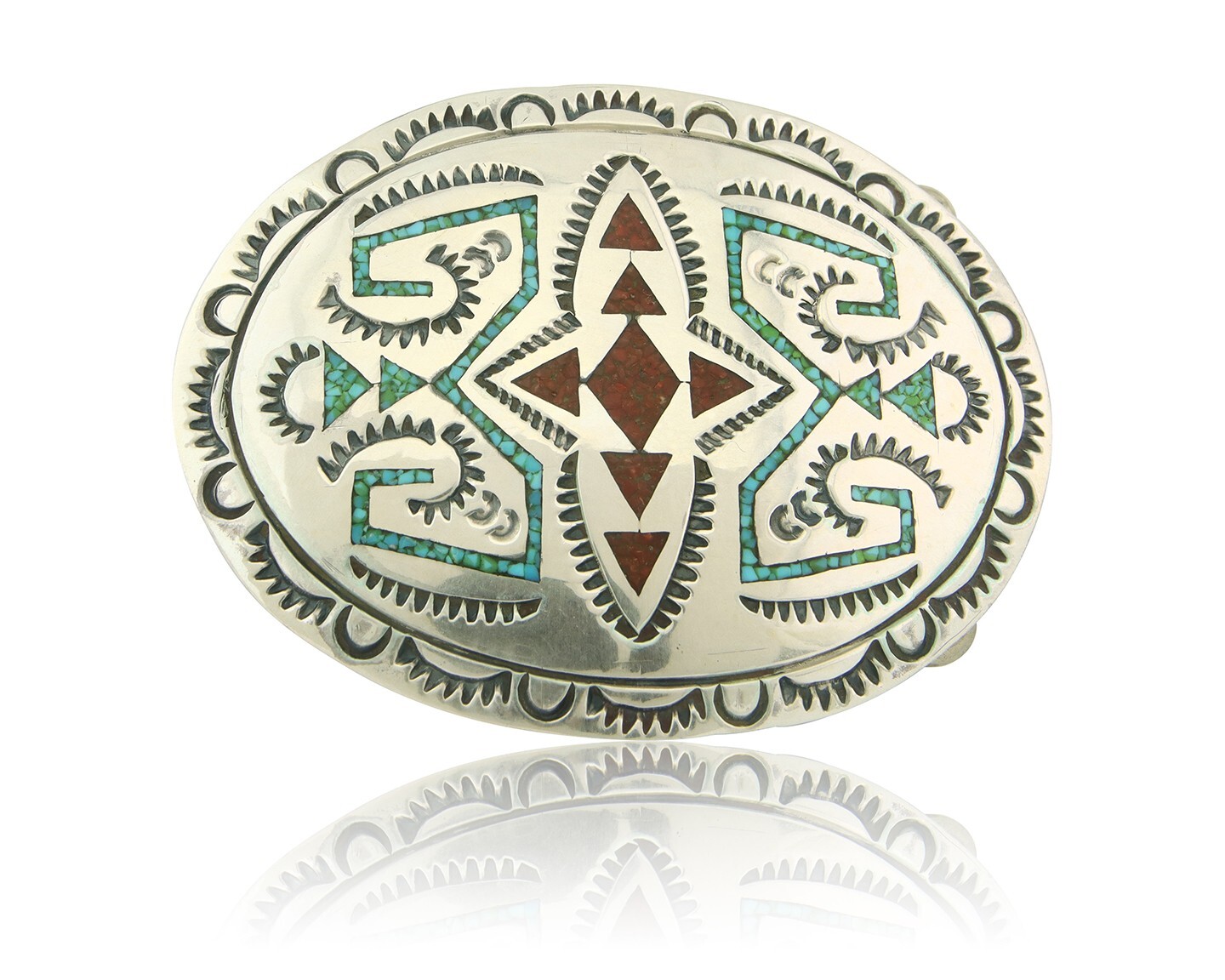 Vintage Navajo Belt Buckle 925 Silver Inlaid Gemstone Signed Stanley Bain C.80\'s