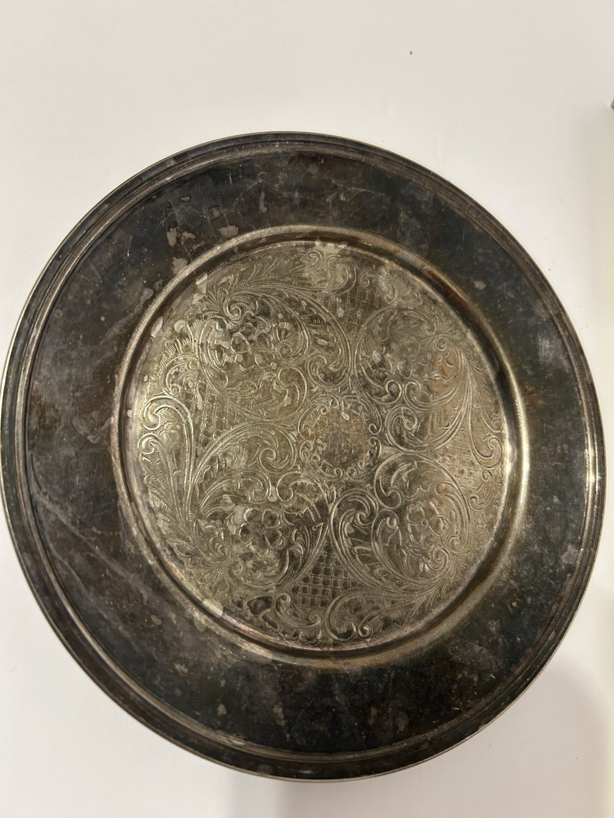 Vintage 6” Silver Tone Round Tray Ornate Floral Scroll Engraved Decorative Dish Vintage 6” Silver Tone Round Tray Ornate Floral Scroll Engraved Decorative Dish