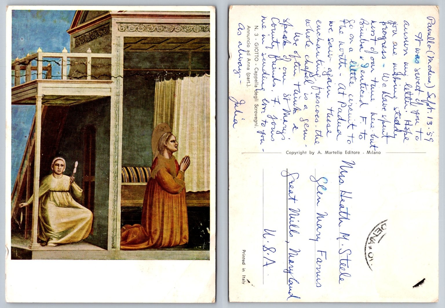 Giotto Fresco Postcard: Annunciation to Anna, Scrovegni Chapel, Padua 1959