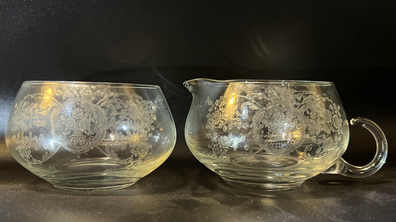 Etched Clear Glass Creamer & Sugar Bowl Set Floral Design Fostoria - Antique Vtg