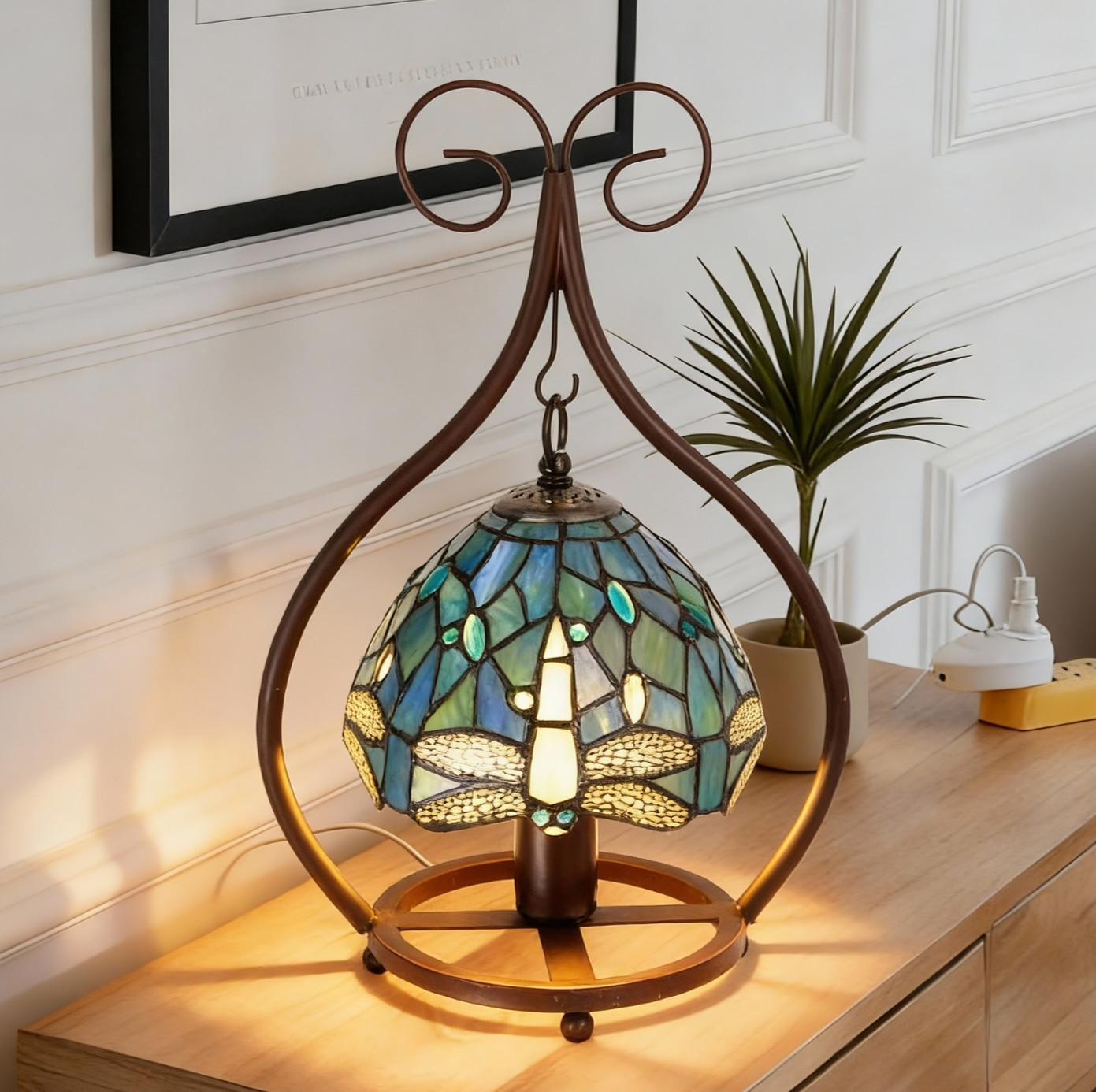 11\'\'Single Head Creative Glass Lamp, Blue Dragonfly Table Lamp, Tiffany New Lamp