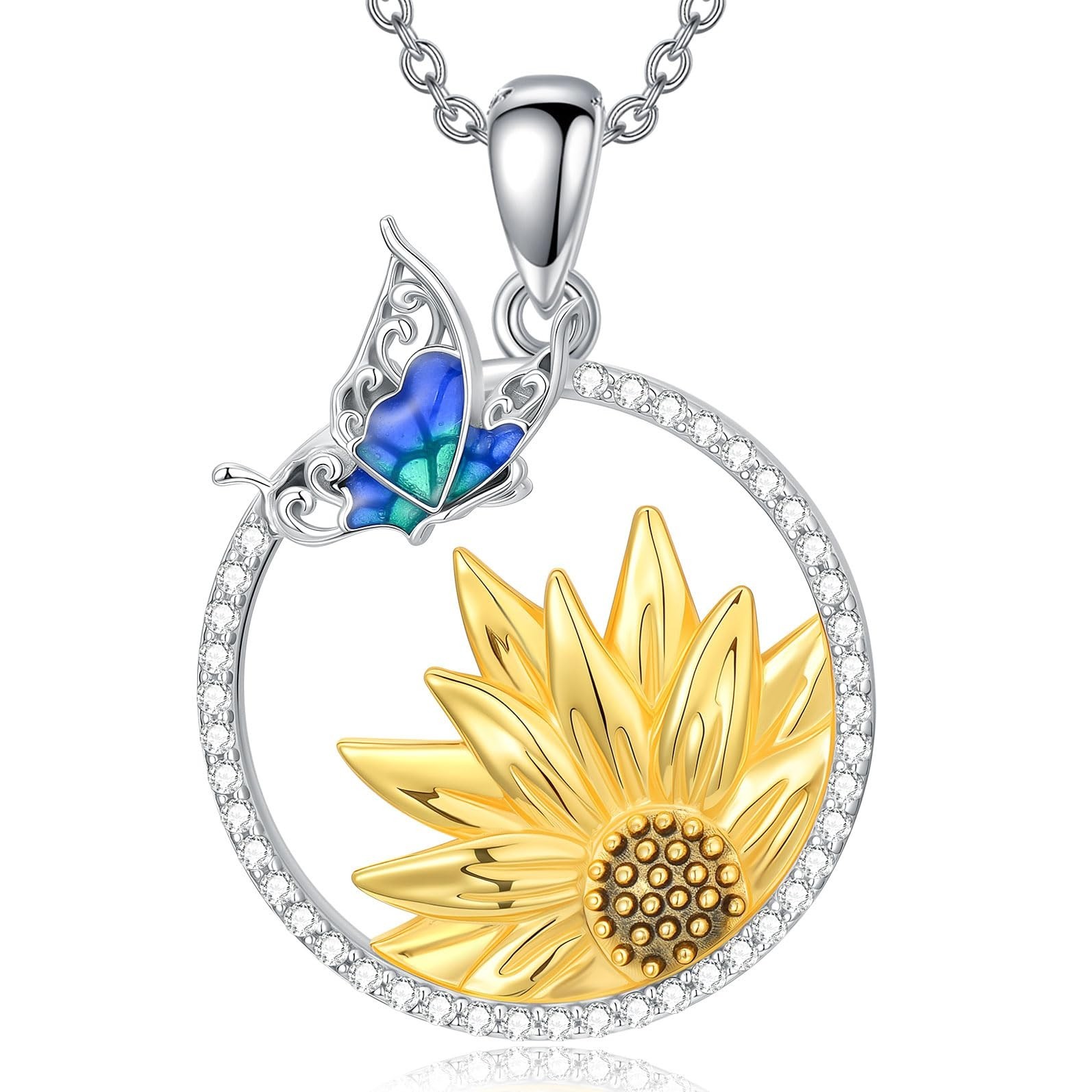 Sunflower Teardrop Necklace with Blue Butterfly Sterling Silver Sunflower Nec...