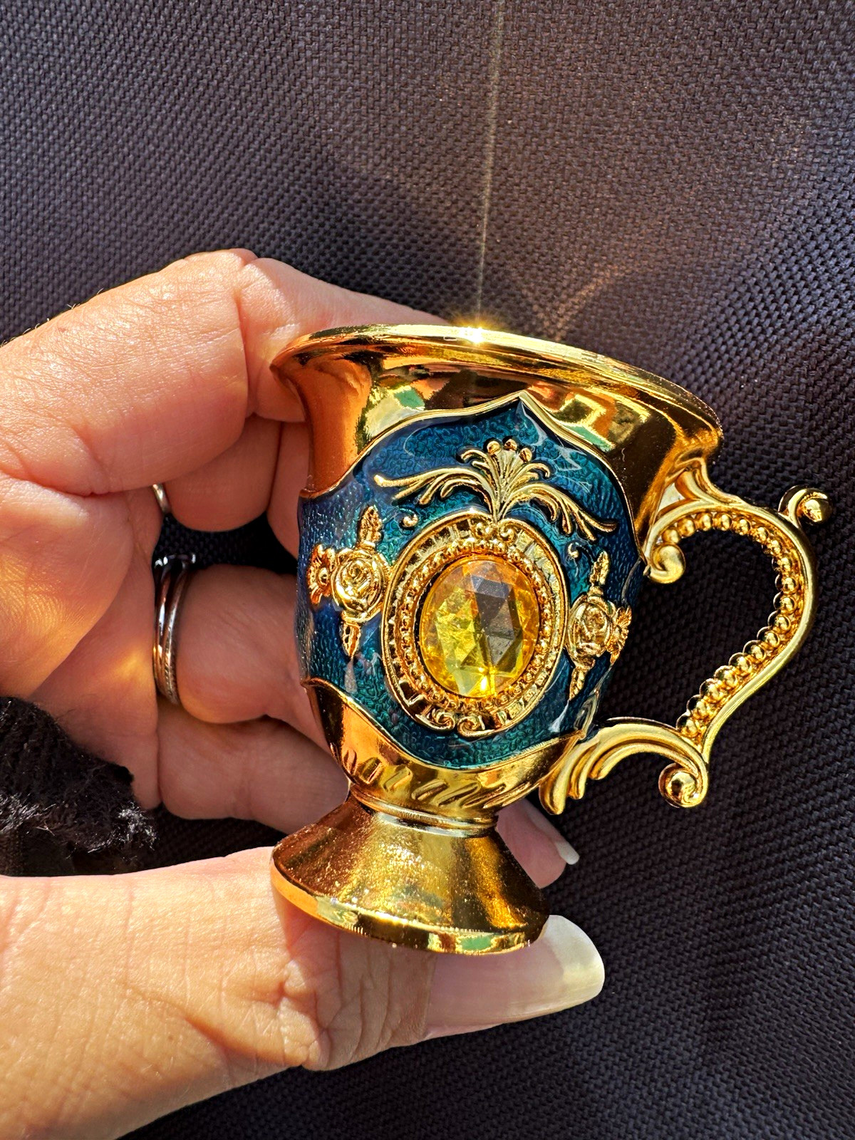 Set of 6 Italian/French rococo style Miniature Metal Goblets Gold & Blue Cups