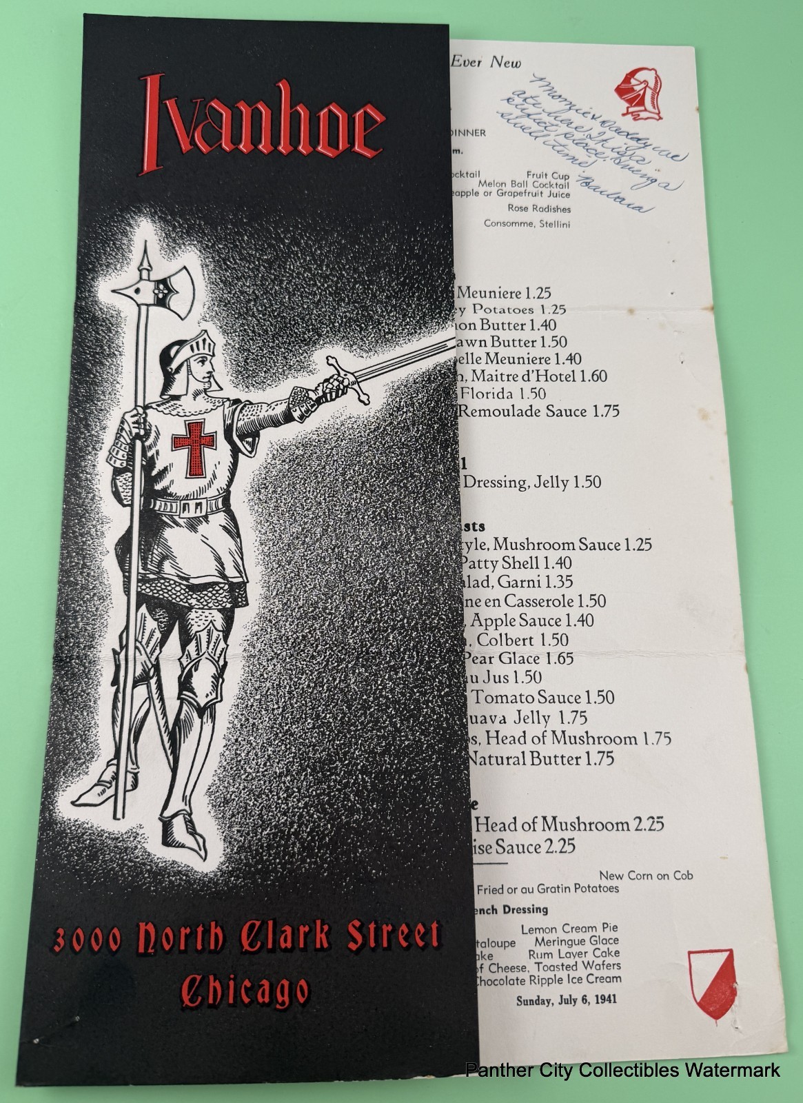Antique 1941 Menu Ivanhoe Restaurant Chicago Clark Street