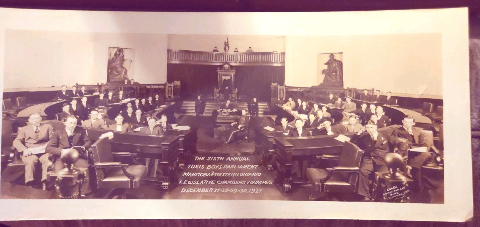 Antique B&W 1927 Tuxis Boys Parliament Panoramic Photo Winnipeg Manitoba Canada