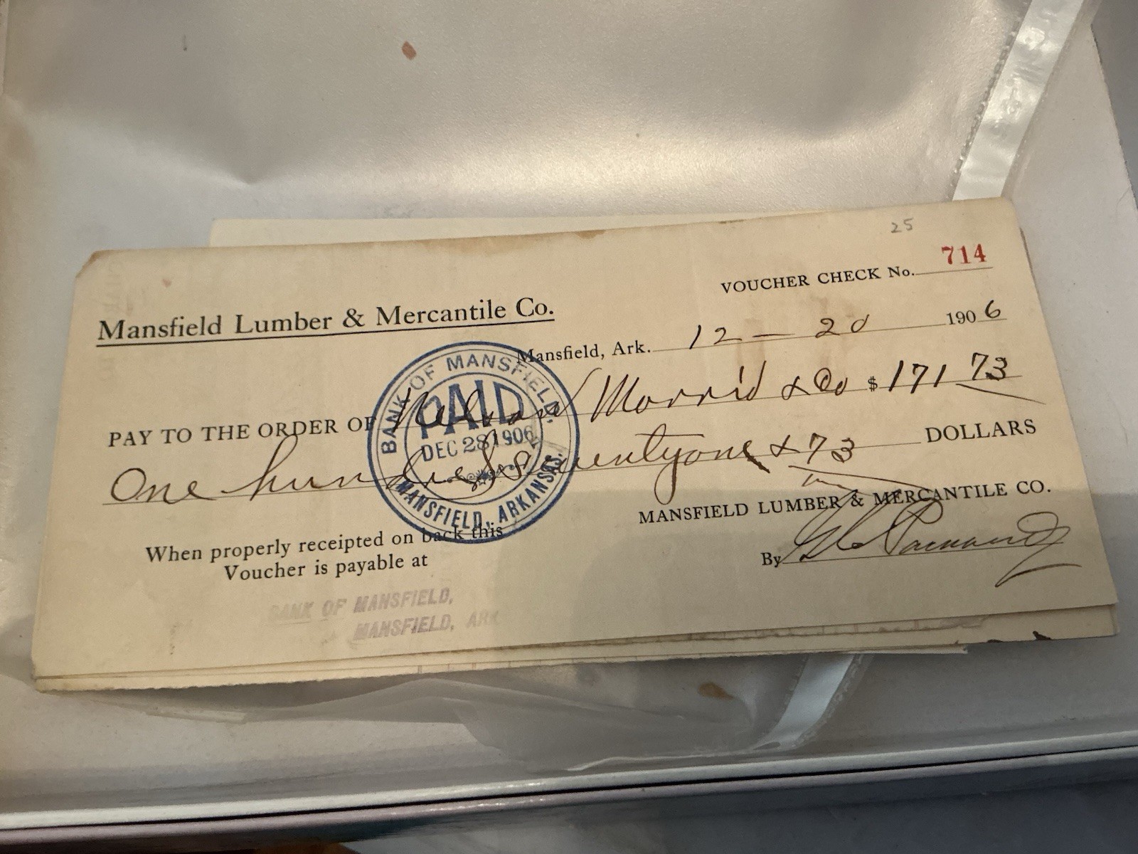 Antique 1906 Vouchers Mansfield Lumber & Mercantile  Scott Sebastian Cos