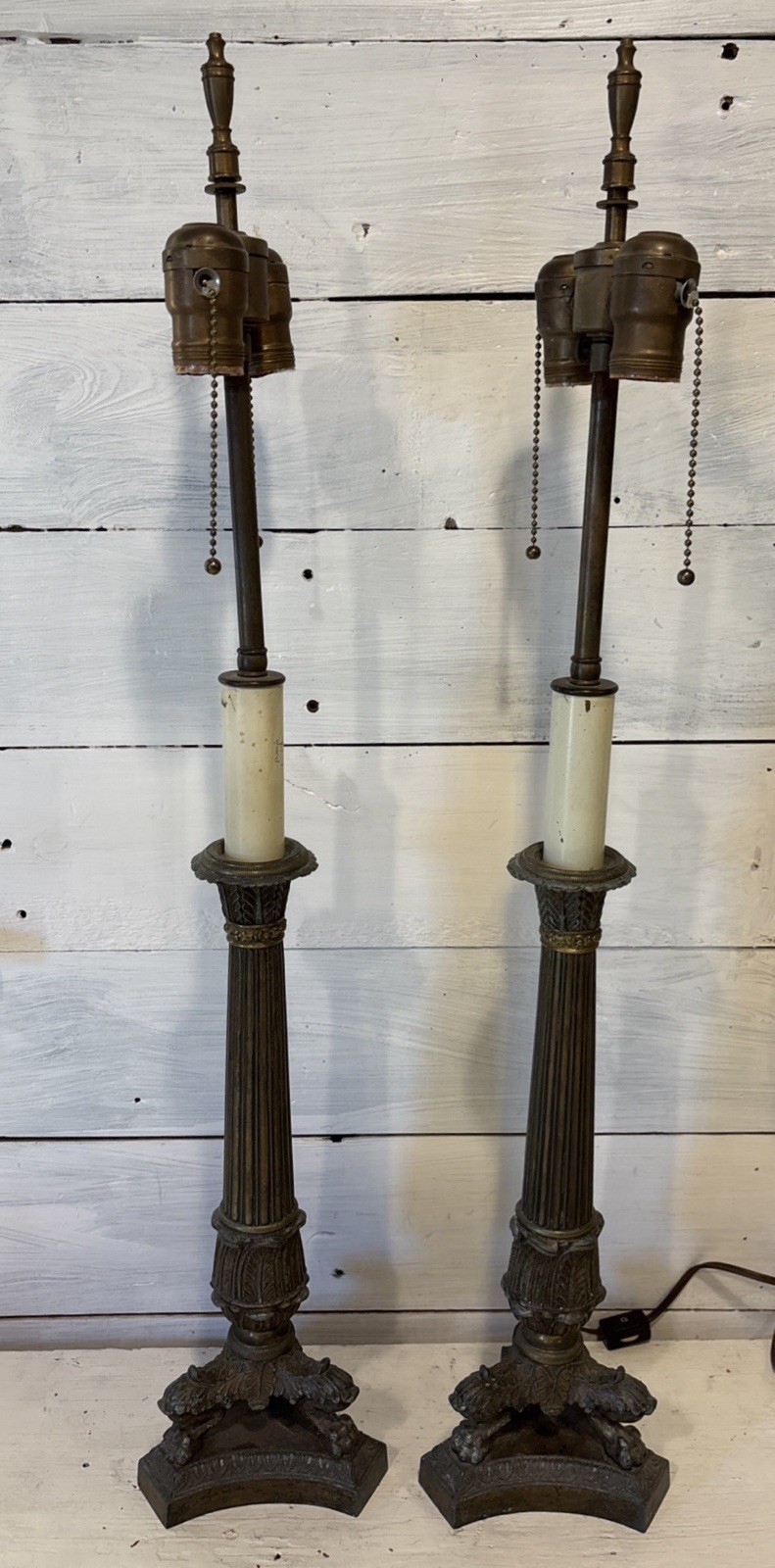 Pair Vintage Empire-Style Bronze? Brass Column Table Lamps Paw Feet Double Bulb