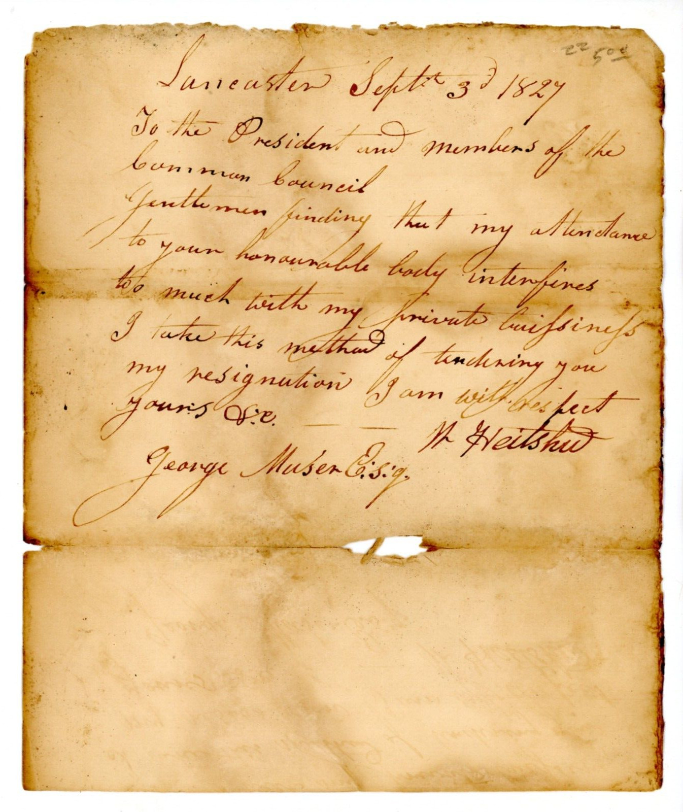 1827 Handwritten resignation letter Lancaster PA Signed W Heitshu George Musser