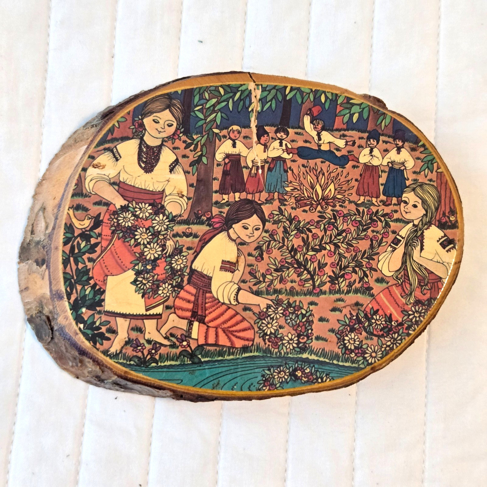 Vintage Ukrainian Old Art Wood Slab Yaroslava Surmach Mills Colorful Folk Scene
