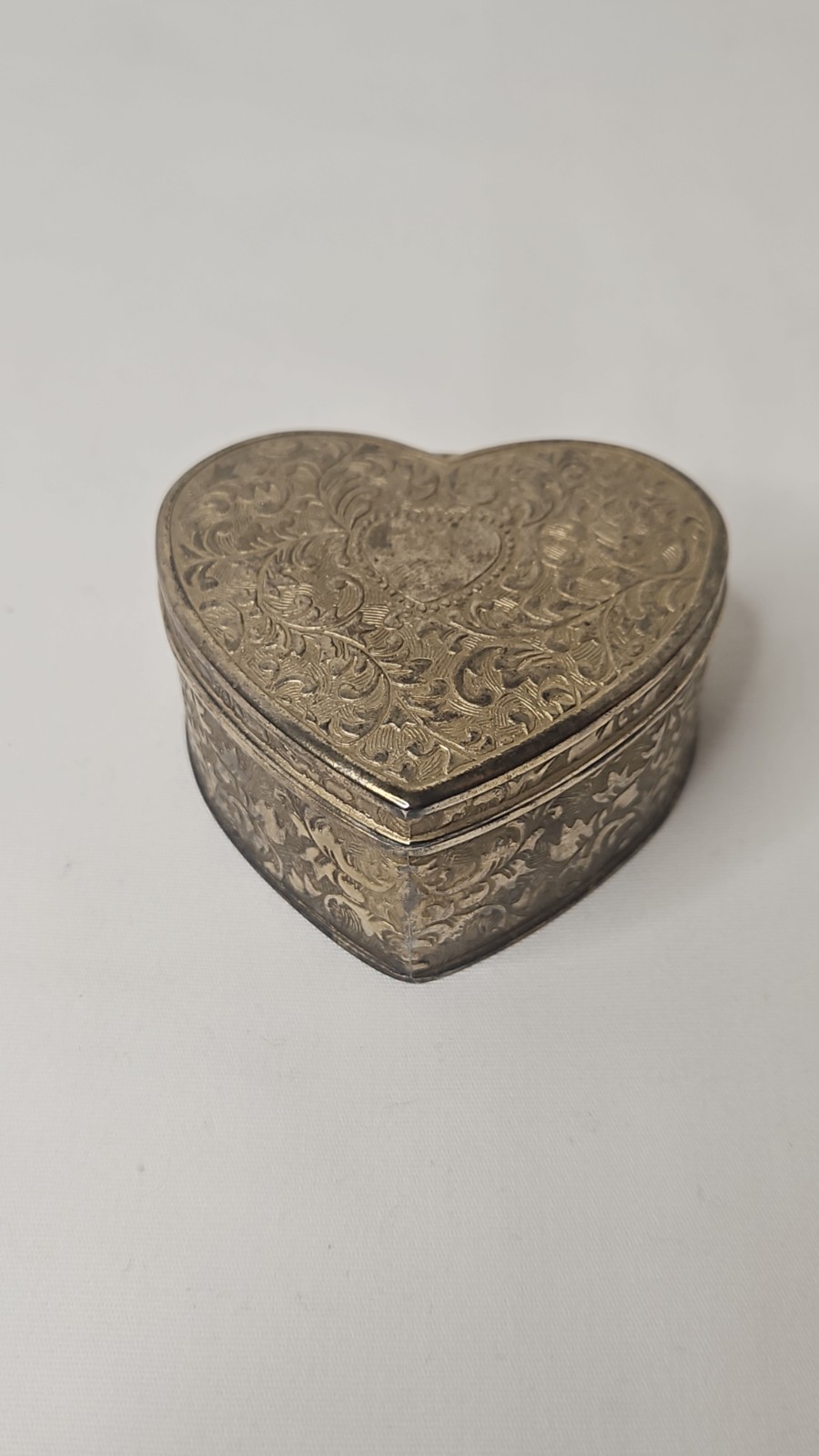 Silver Plated Vintage Heart Shaped Trinket Box W/ Red Lining