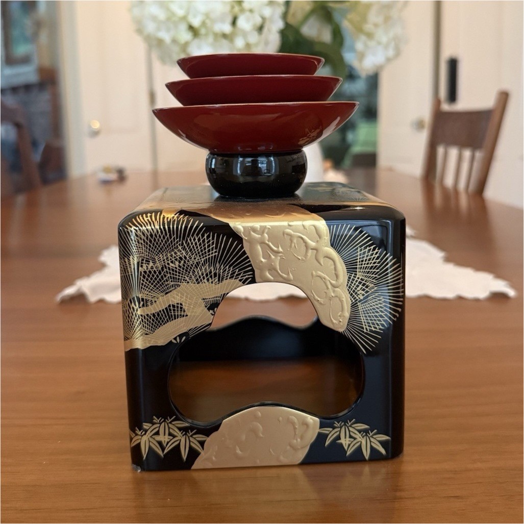 Japanese Wooden Sake Cup Sakazuki 3pc Stand Set Vintage Lacquer Taisho Era